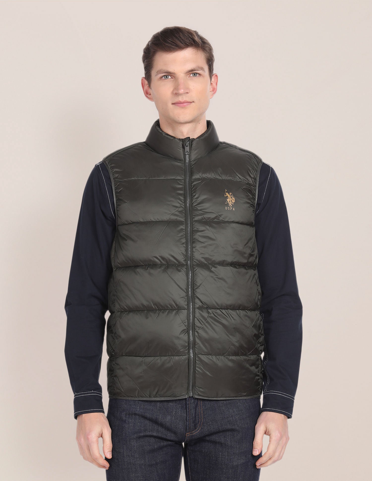High Neck Sleeveless Quilted Jacket Olive - U.S. Polo Assn. India | Large