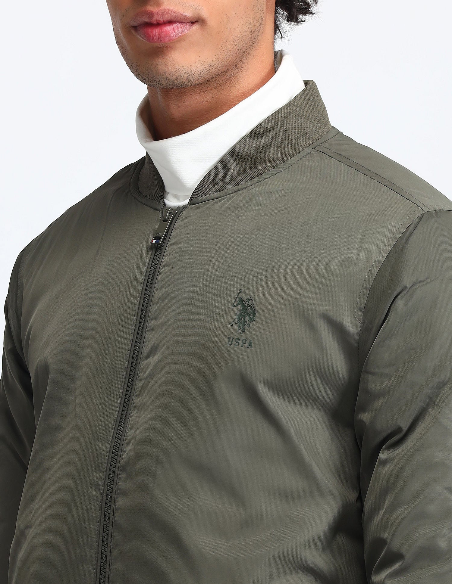 Regular Fit Solid Bomber Jacket Olive Green - U.S. Polo Assn. India | Large