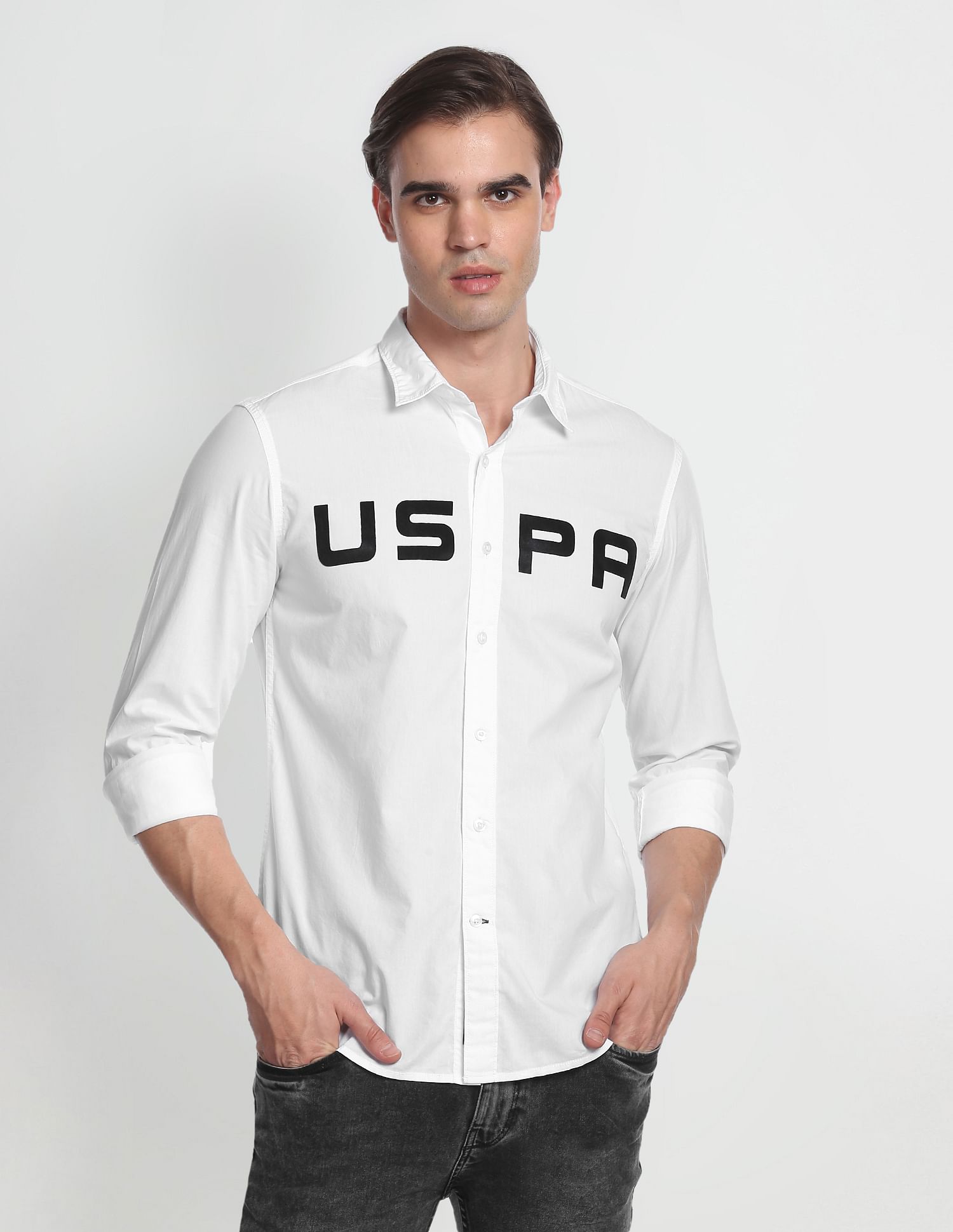 Spread Collar Cotton Casual Shirt White - U.S. Polo Assn. India | Large