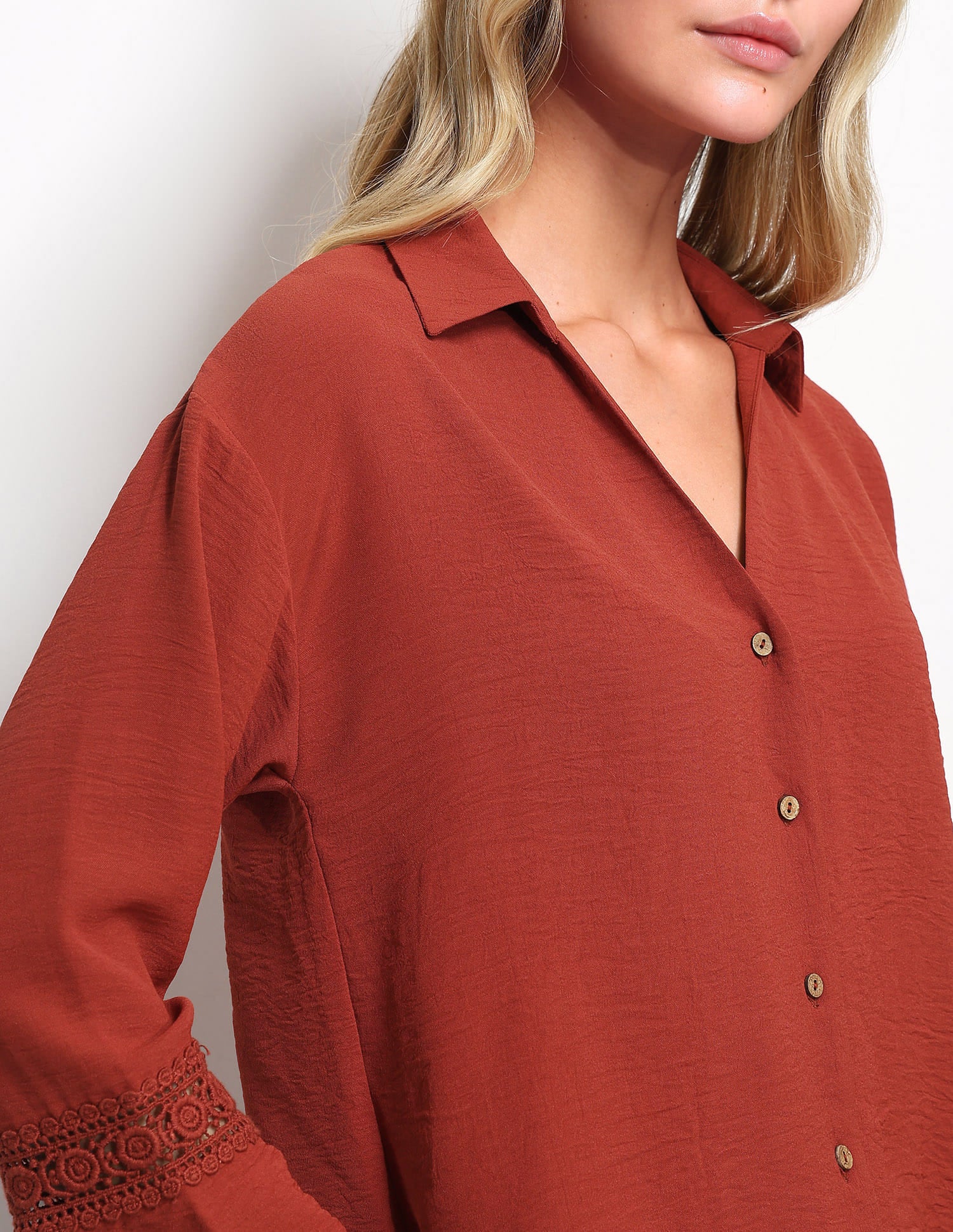 V-Neck Top With Lace Detail Brown - U.S. Polo Assn. India | Large