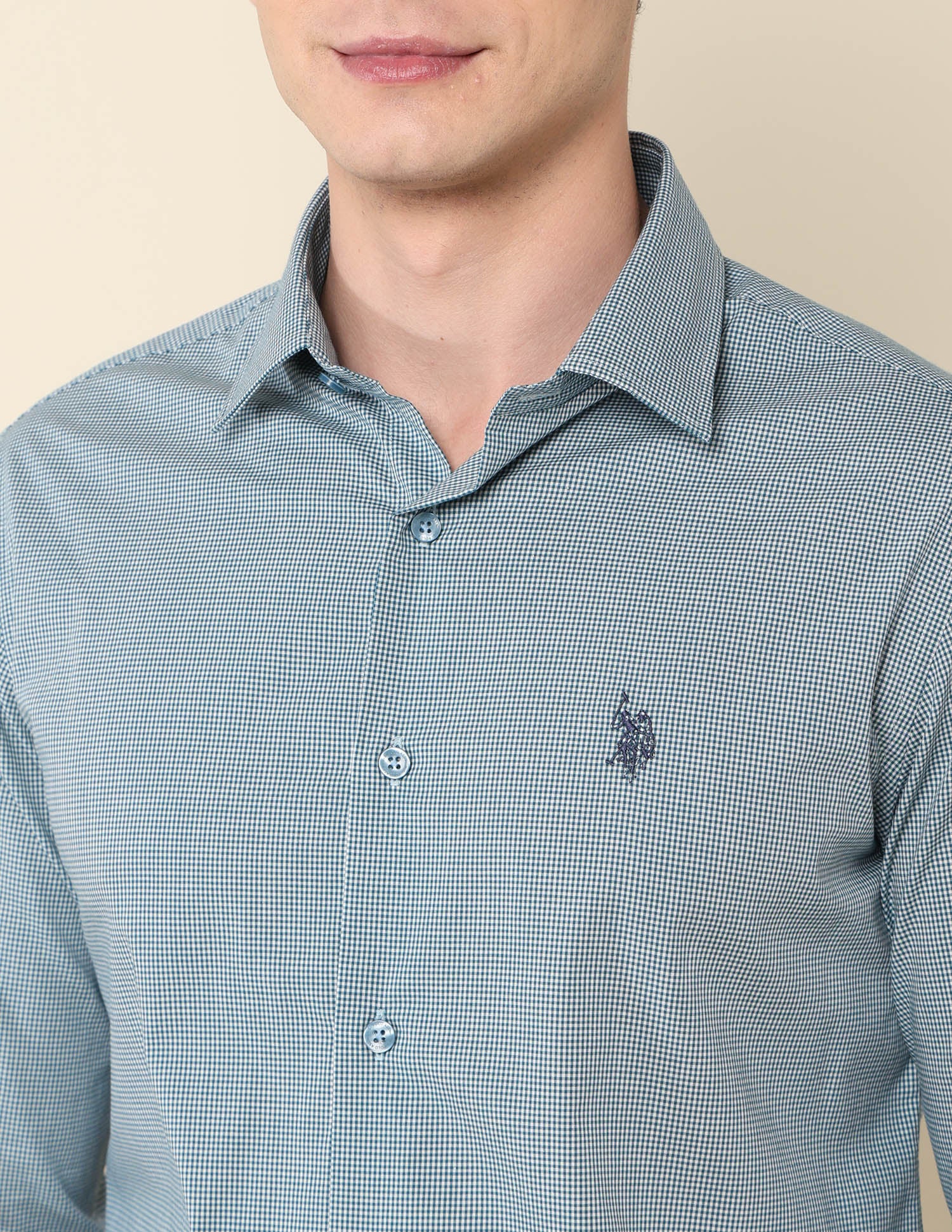 Micro Checked Tailored Fit Shirt Teal - U.S. Polo Assn. India | Large