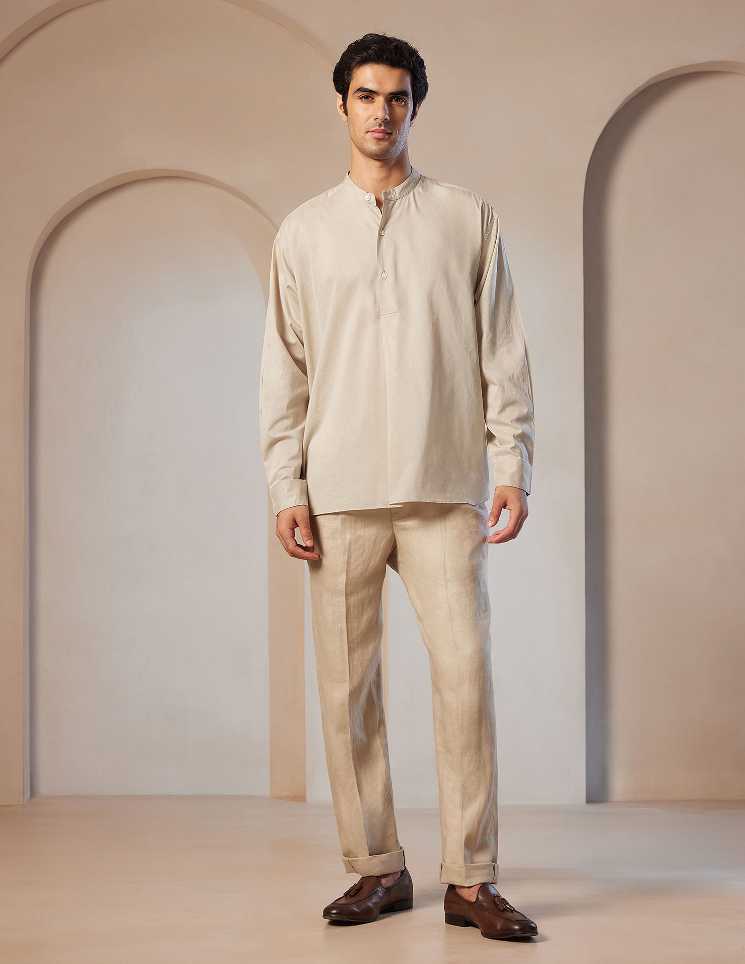 Pacho X Tailored Fit Mandarin Collar Shirt Sand - U.S. POLO ASSN. | Large