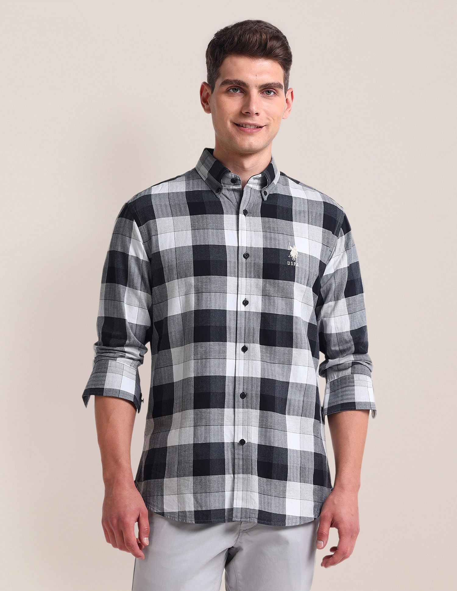 Herringbone Cotton Shirt Grey - U.S. POLO ASSN. | Large