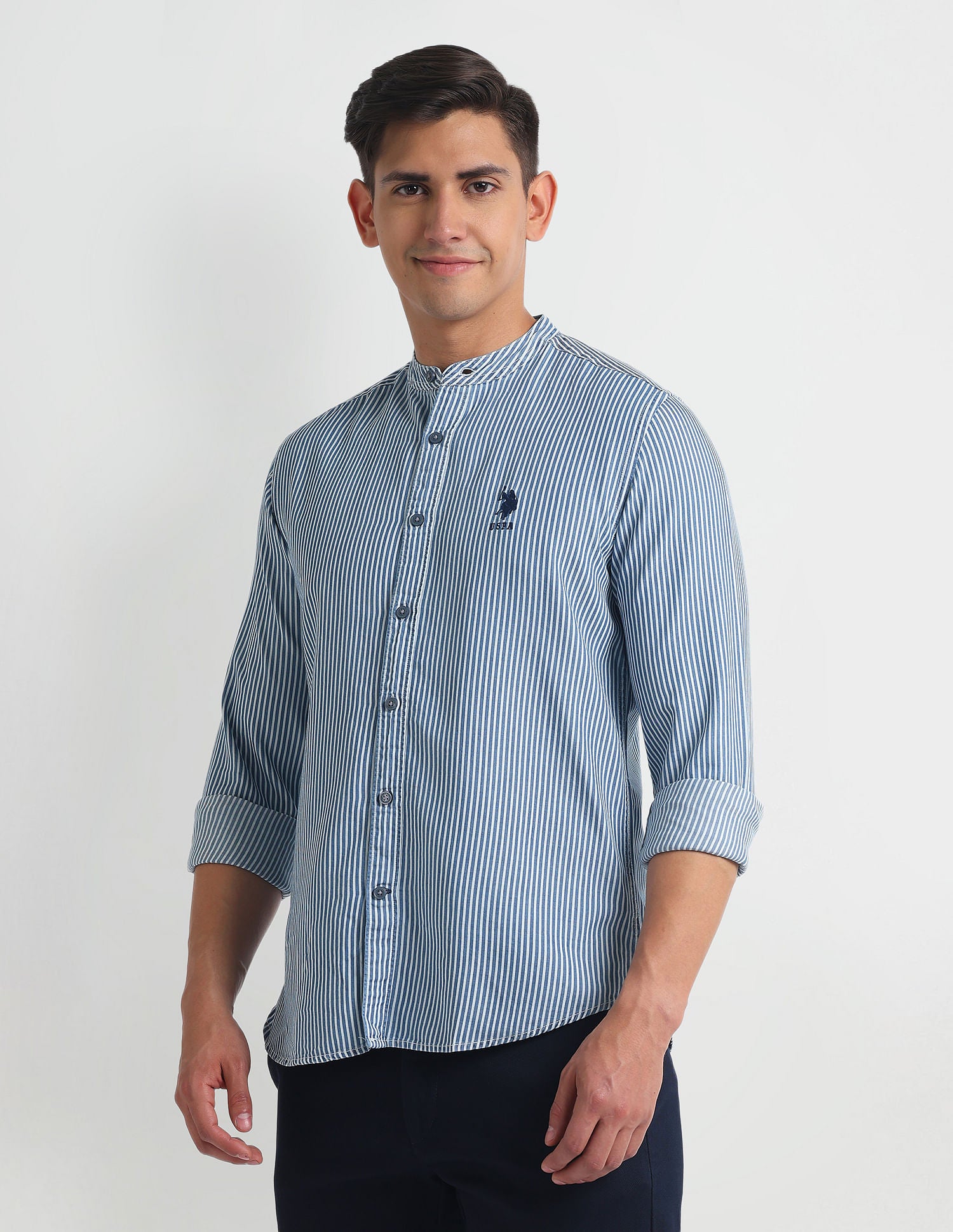 Mandarin Collar Twill Shirt Blue - U.S. Polo Assn. India | Large