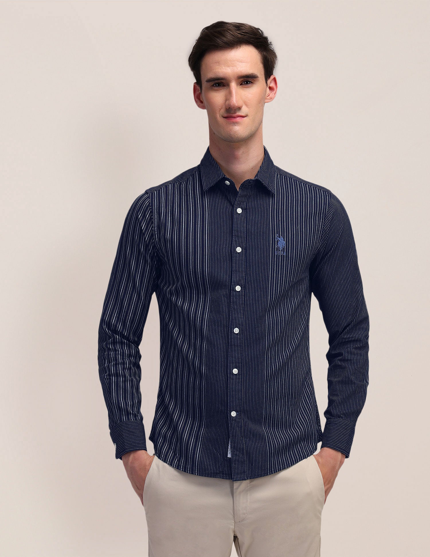 Vertical Striped Slim Fit Shirt Indigo - U.S. Polo Assn. India | Large