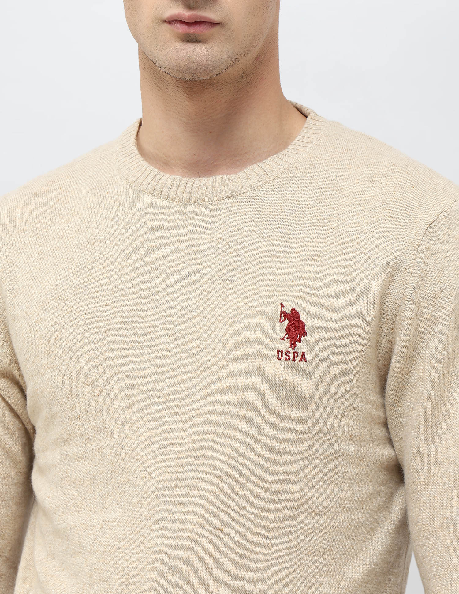 Solid Pattern Regular Fit Sweater Beige - U.S. Polo Assn. India | Large