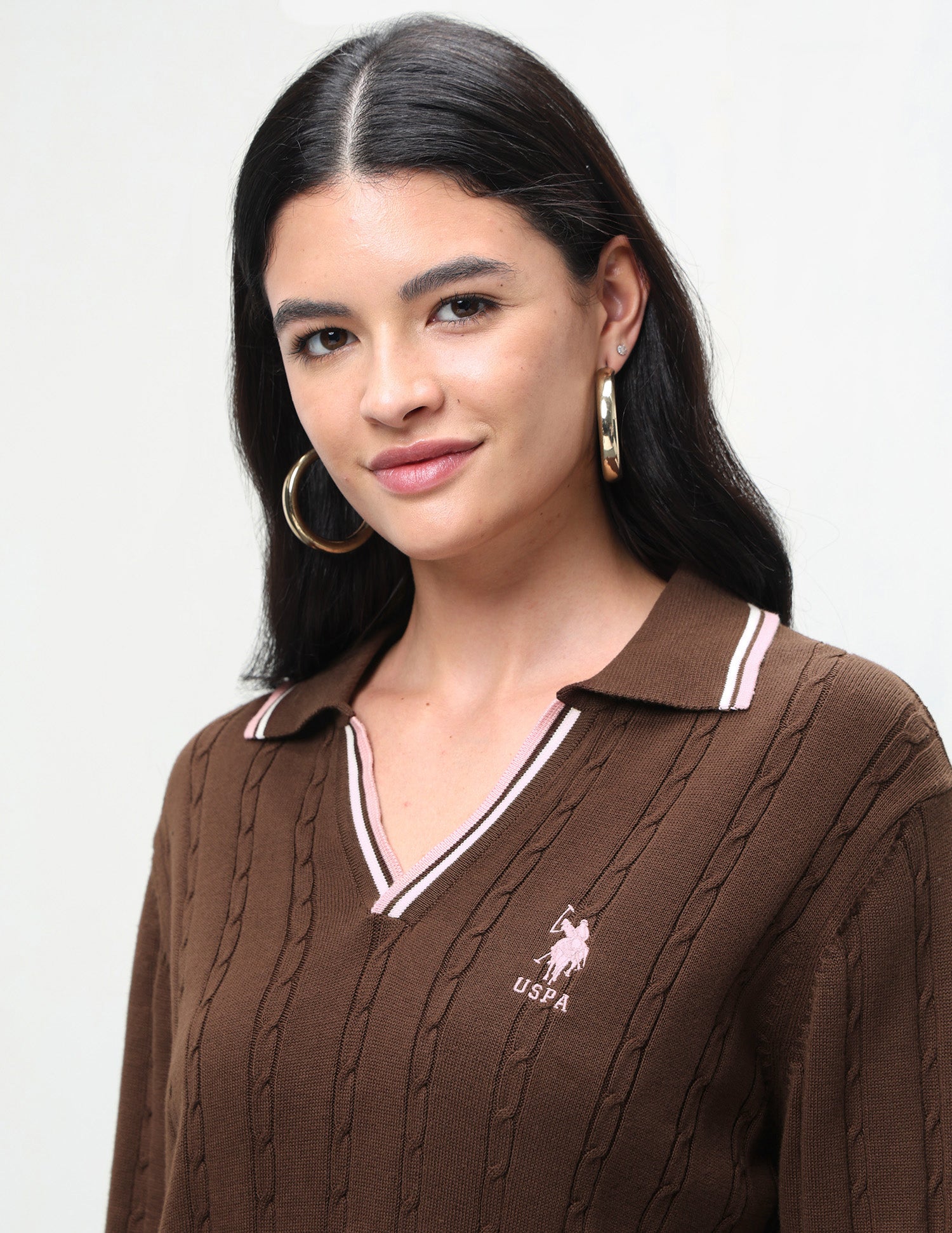 Cable Patterned Knit Regular Fit Sweater Brown - U.S. Polo Assn. India | Large