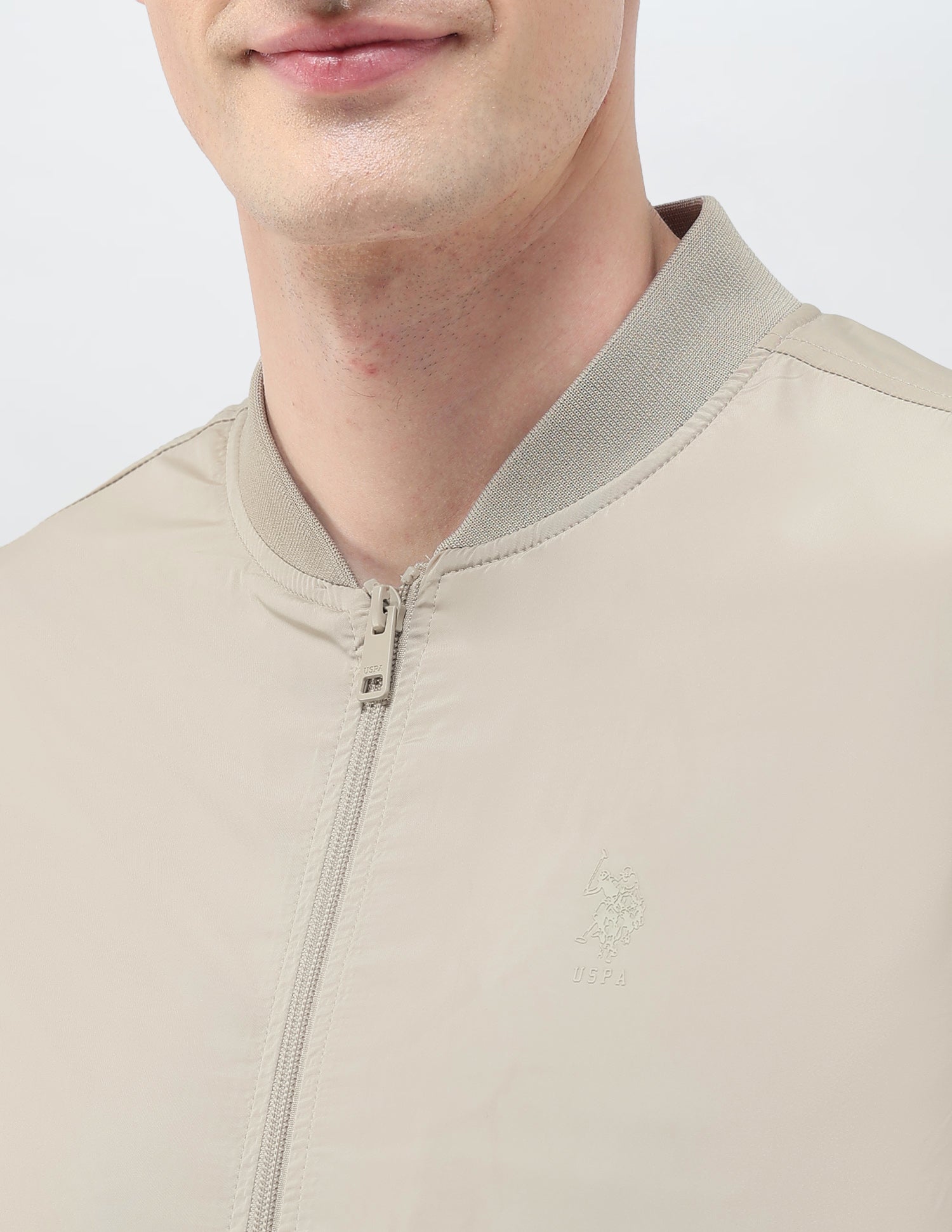 Solid Regular Fit Bomber Jacket Ecru - U.S. Polo Assn. India | Large