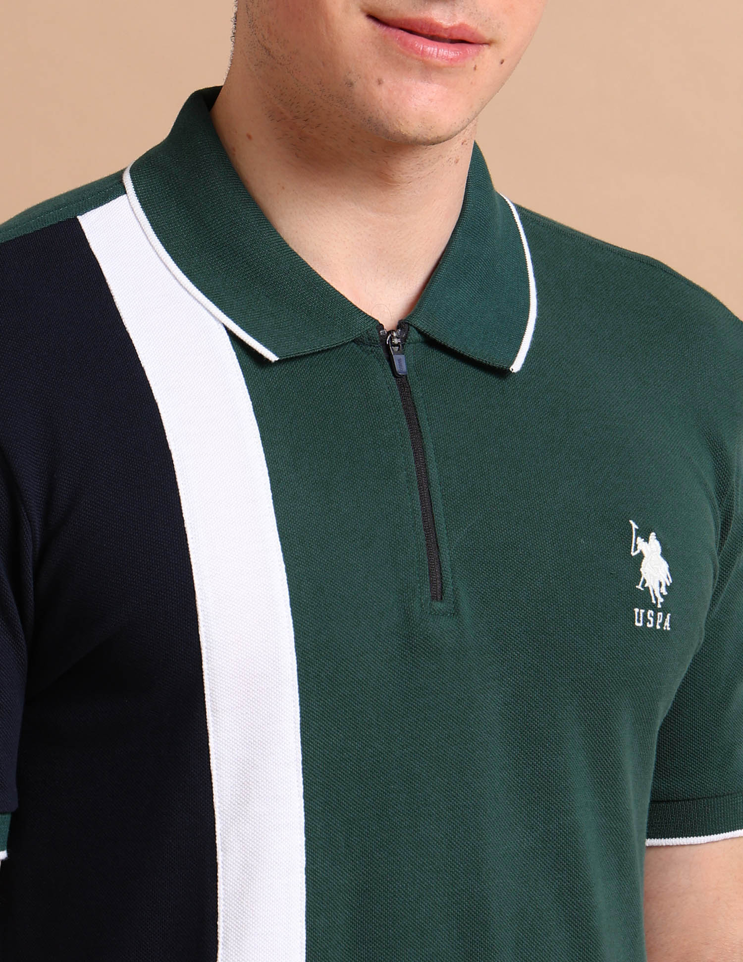 Colour Block Zipper Polo Shirt Green - U.S. POLO ASSN. | Large