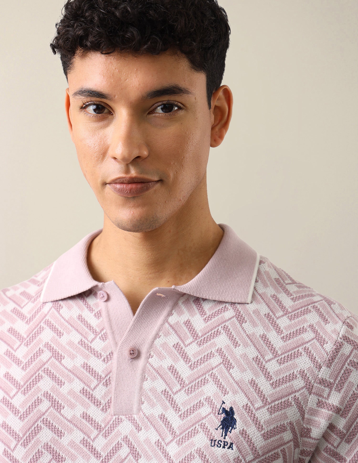 Geometric Patterned Knit Slim Fit Polo Shirt Pink - U.S. Polo Assn. India | Large