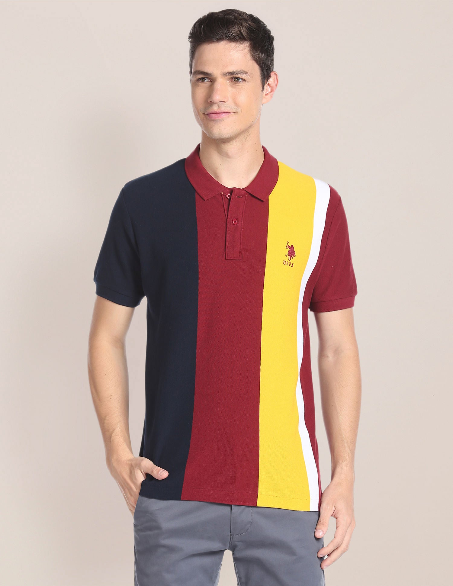 Colour Block Cotton Polo Shirt Maroon - U.S. Polo Assn. India | Large