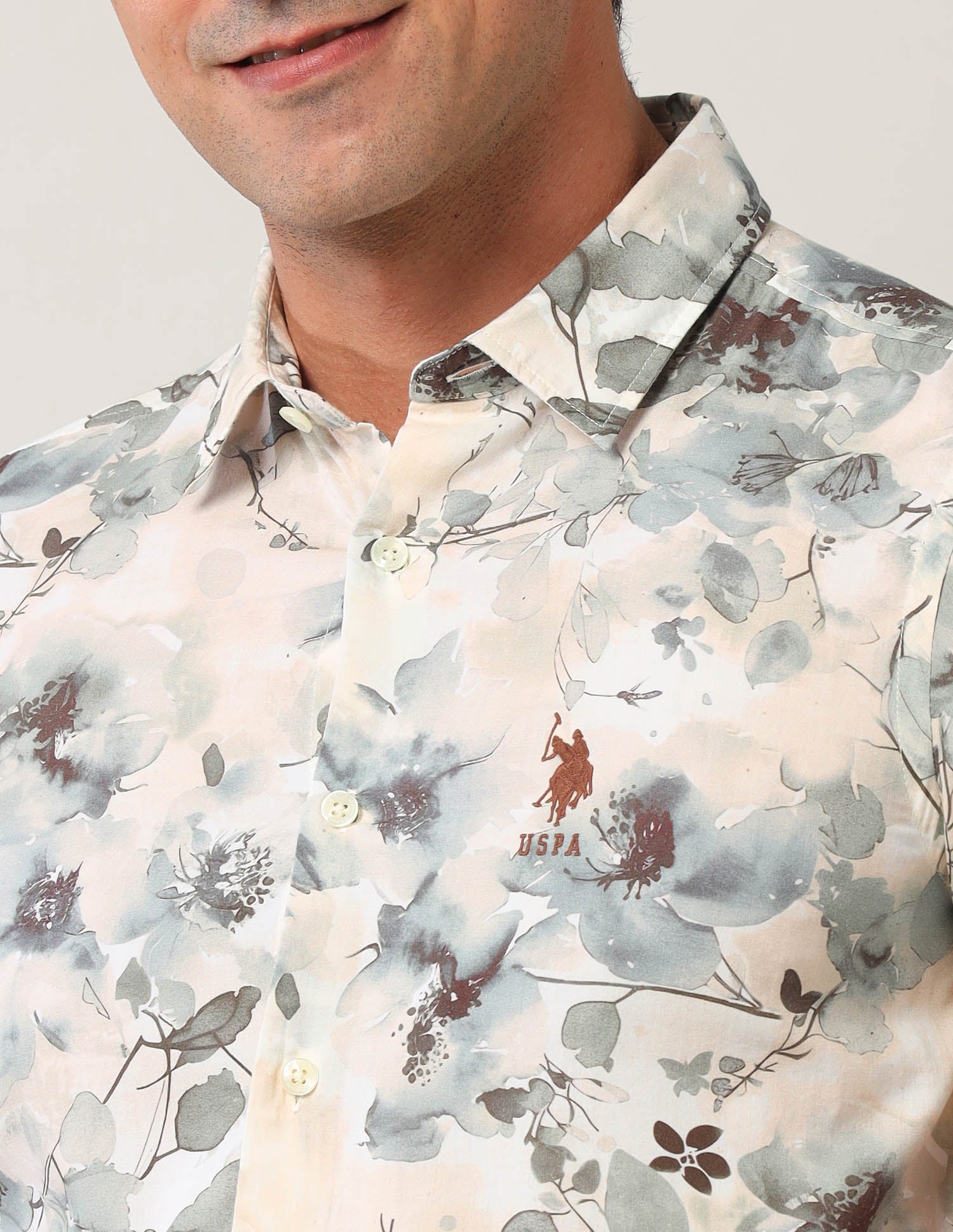 Floral Printed Regular Fit Shirt Beige - U.S. Polo Assn. India | Large