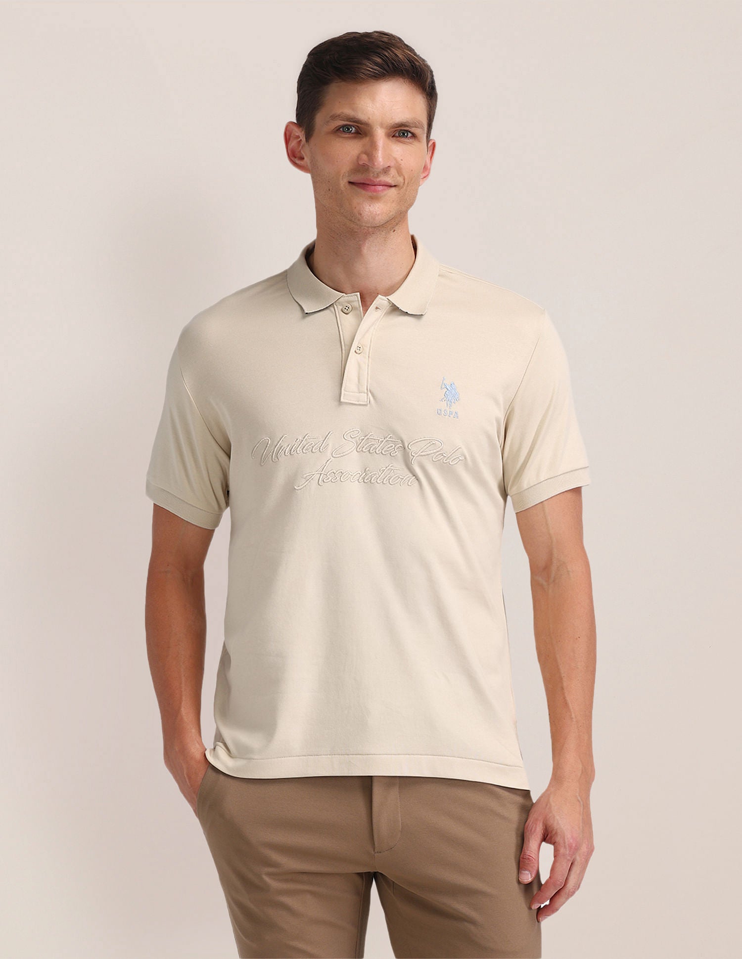 Slim Fit Printed Polo Shirt Beige - U.S. Polo Assn. India | Large