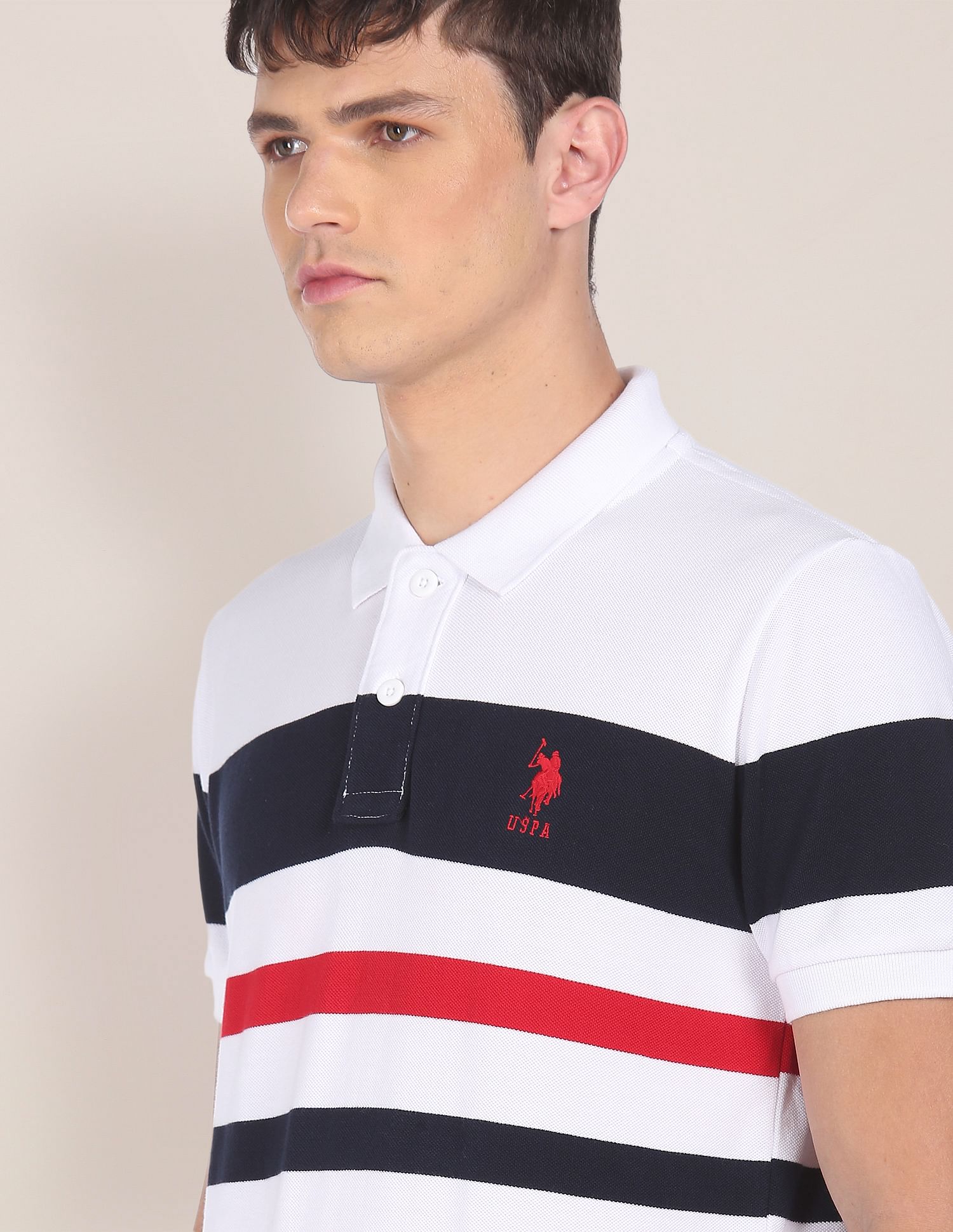 Men White Cotton Striped Polo Shirt White - U.S. Polo Assn. India | Large