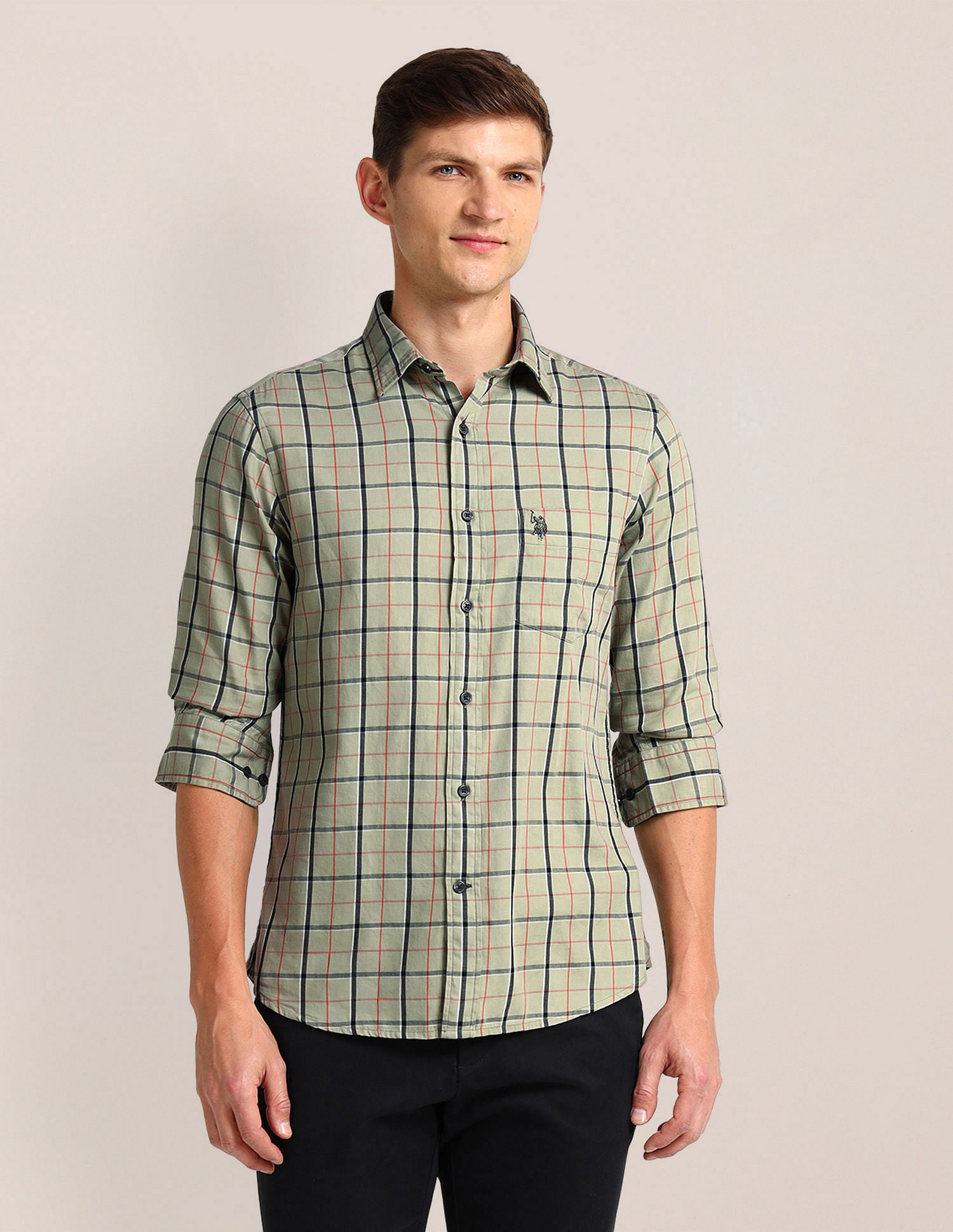 Gun Club Checked Tailored Fit Twill Shirt Medium green - U.S. Polo Assn. India | Large