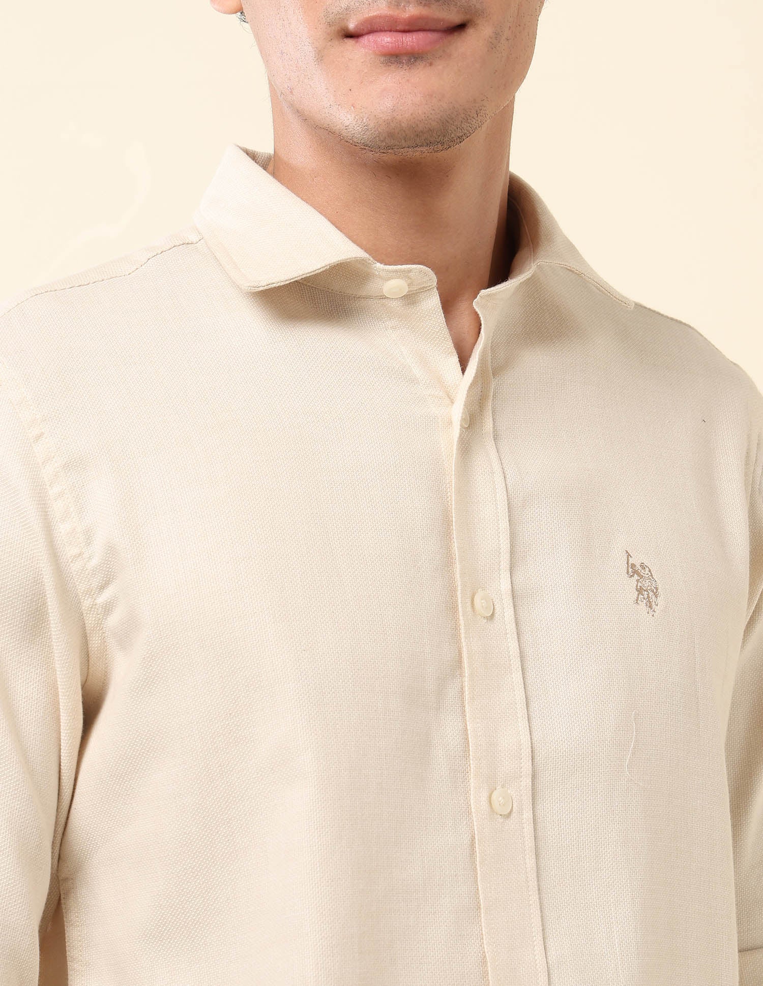 Tailored Fit Pure Cotton Dobby Shirt Khaki - U.S. Polo Assn. India | Large