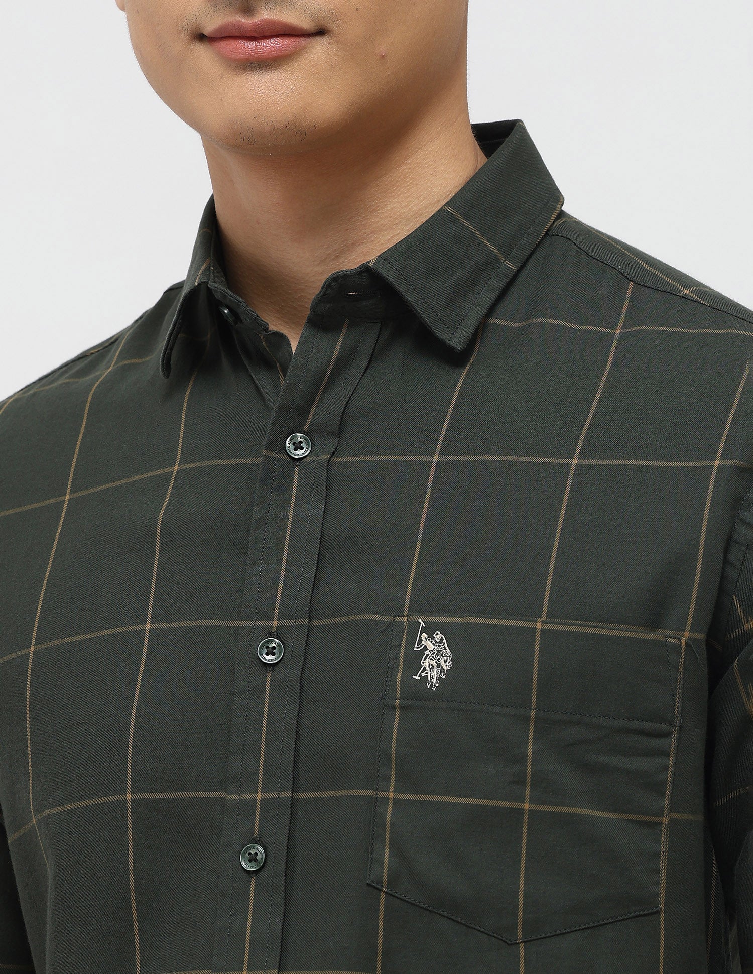 Pure Cotton Tailored Fit Shirt Dark Green - U.S. Polo Assn. India | Large