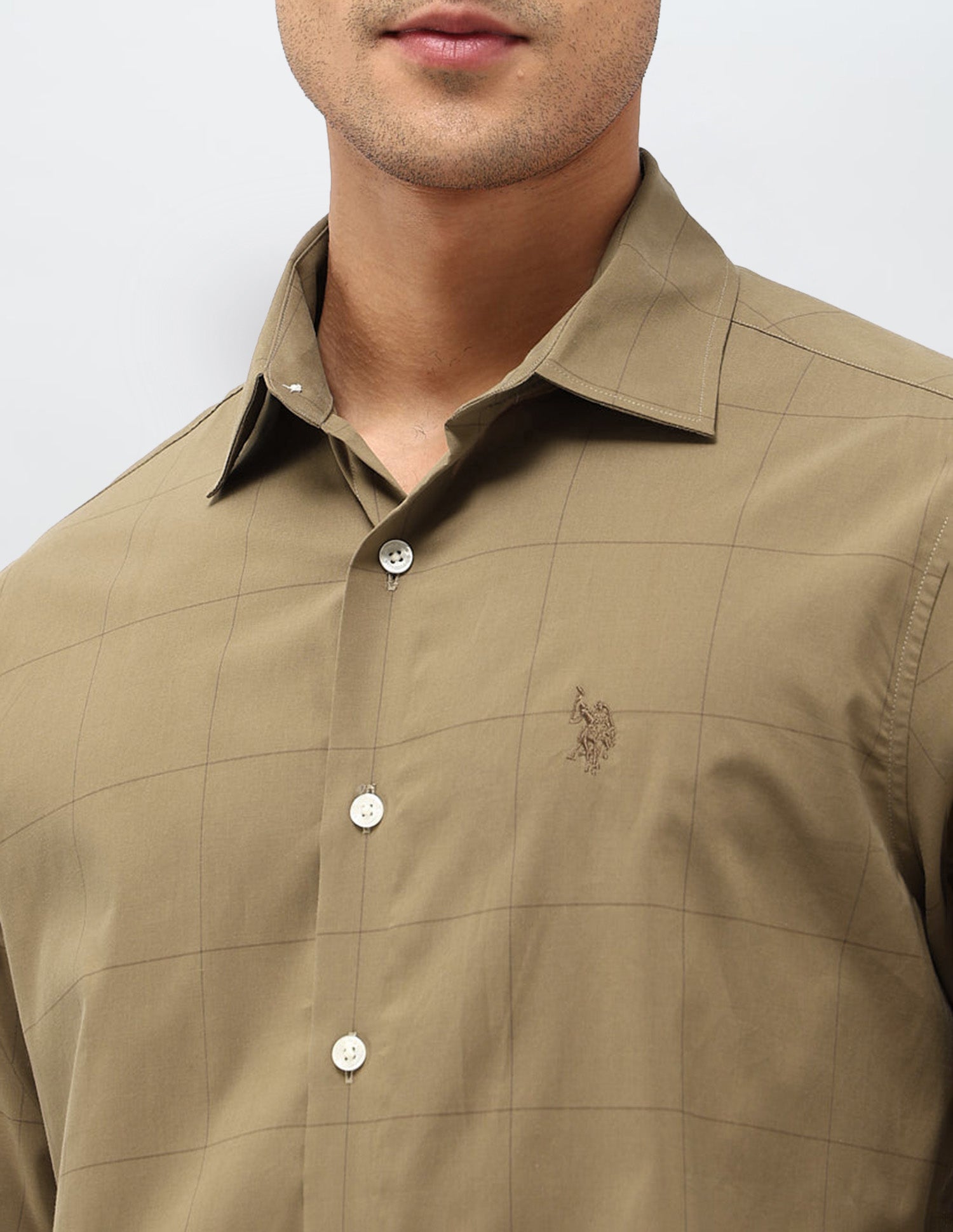 Windowpane Checked Tailored Fit Shirt Brown - U.S. POLO ASSN. | Large
