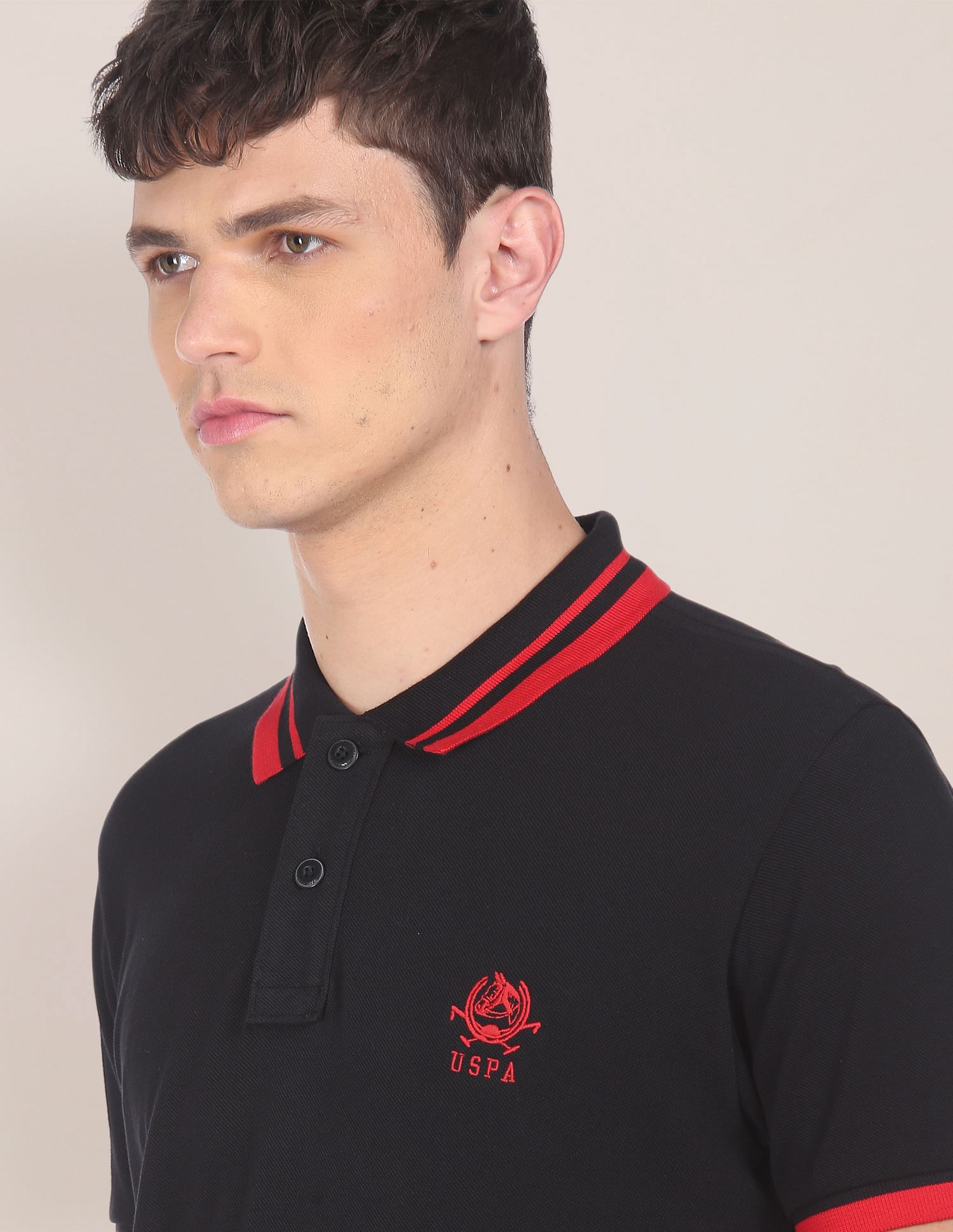Men Black Cotton Solid Polo Shirt Black - U.S. POLO ASSN. | Large