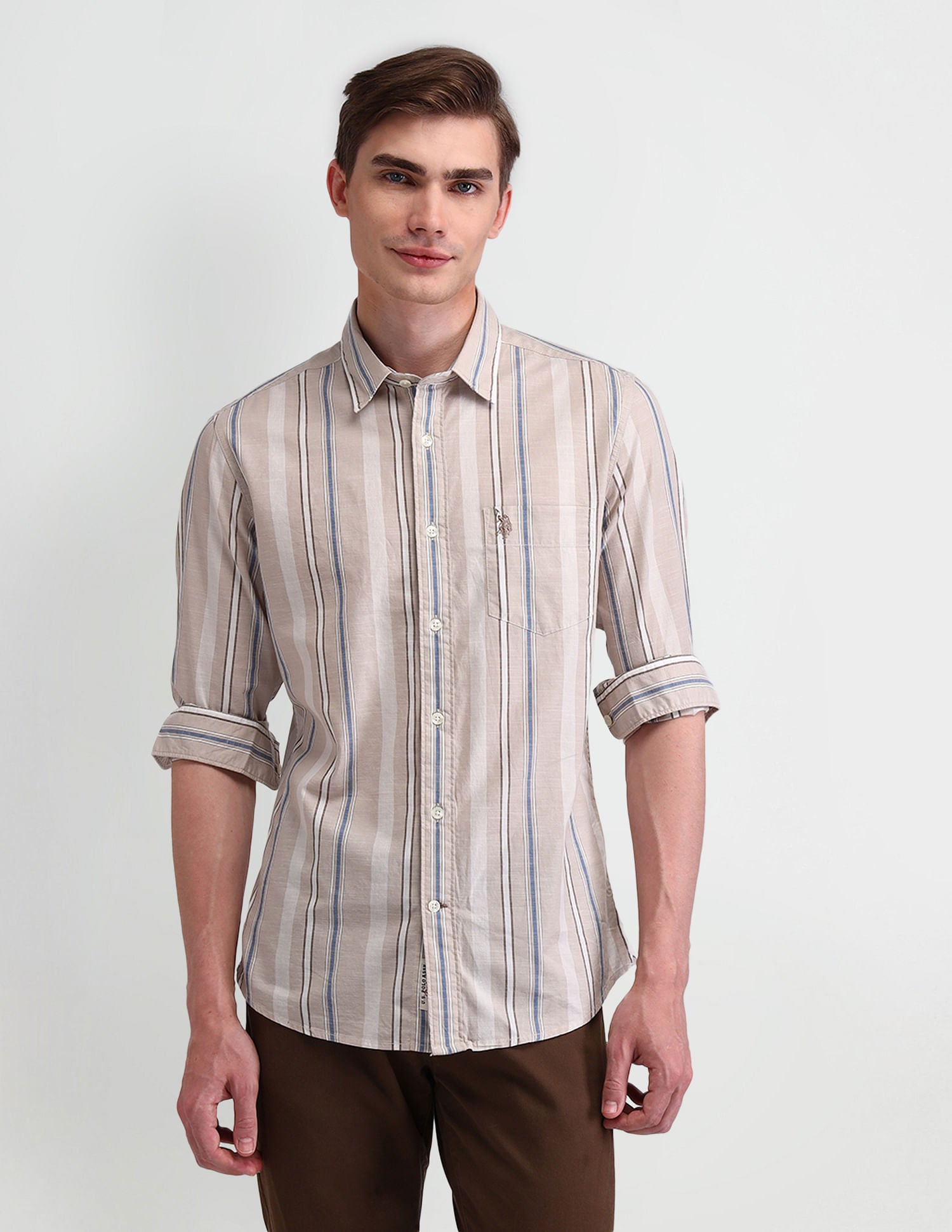 Vertical Striped Slim Fit Dobby Shirt Khaki - U.S. POLO ASSN. | Large