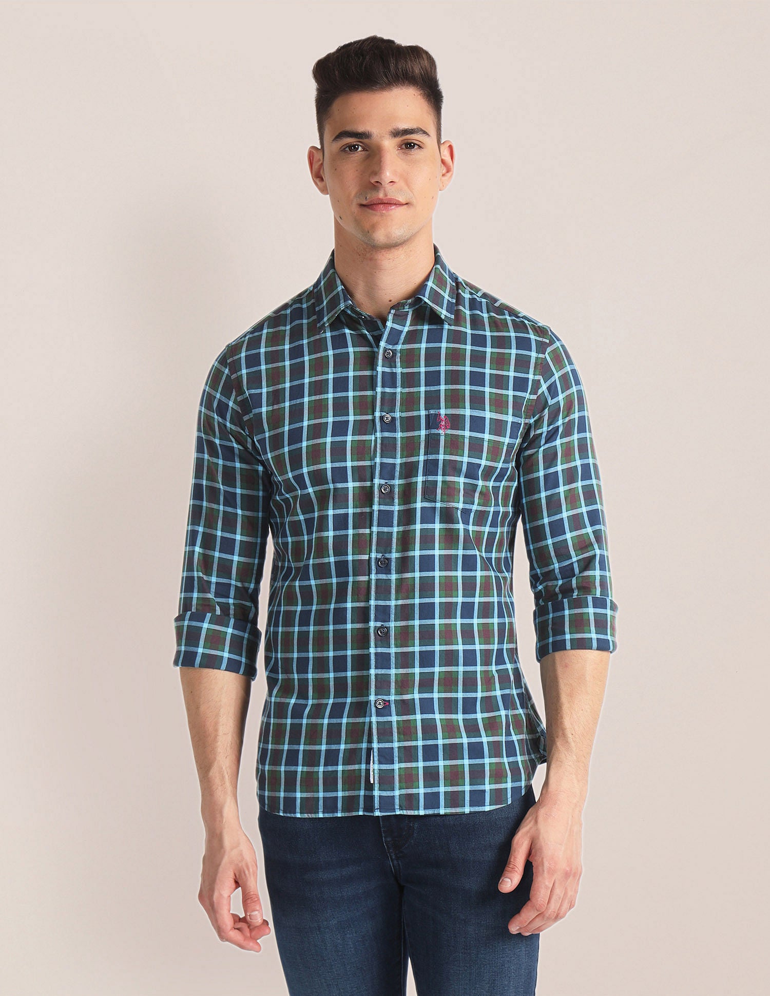Tartan Check Twill Shirt Green and Blue - U.S. Polo Assn. India | Large