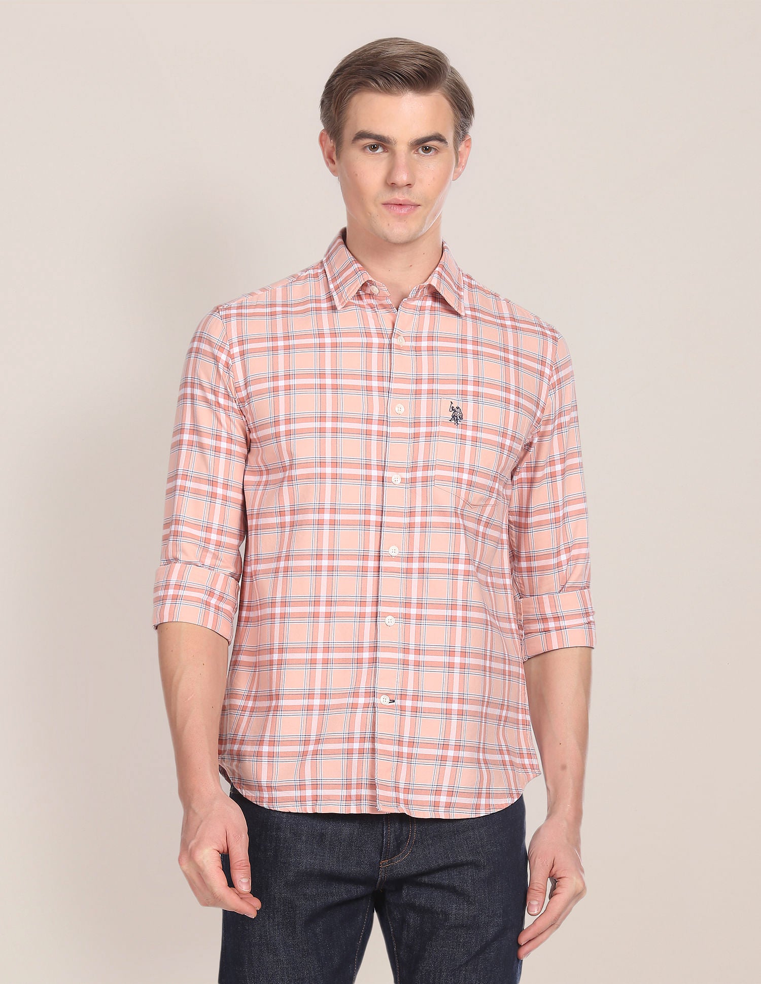 Spread Collar Tartan Check Shirt Peach - U.S. Polo Assn. India | Large