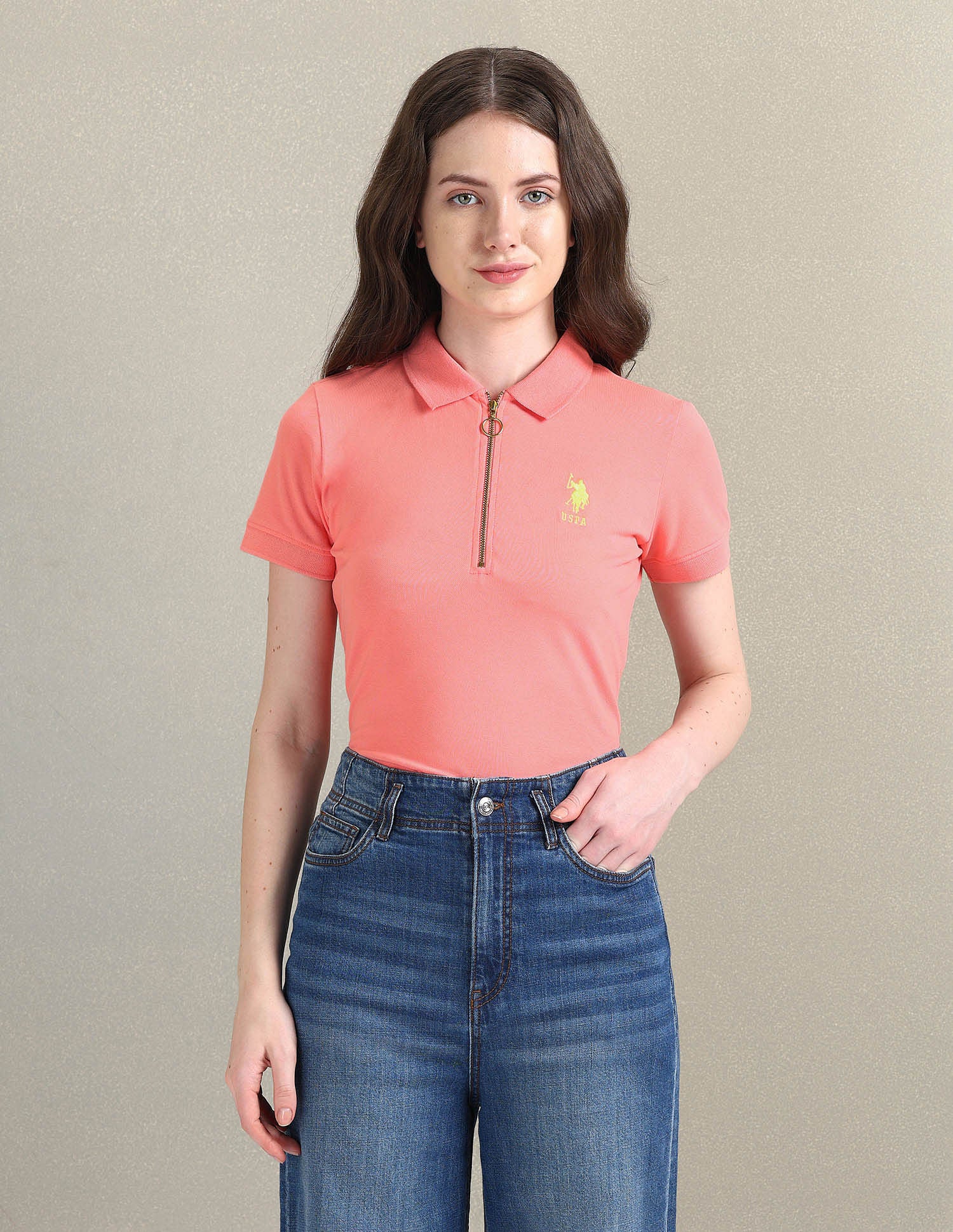 Cotton Stretch Zipper Polo Shirt Pink - U.S. POLO ASSN. | Large