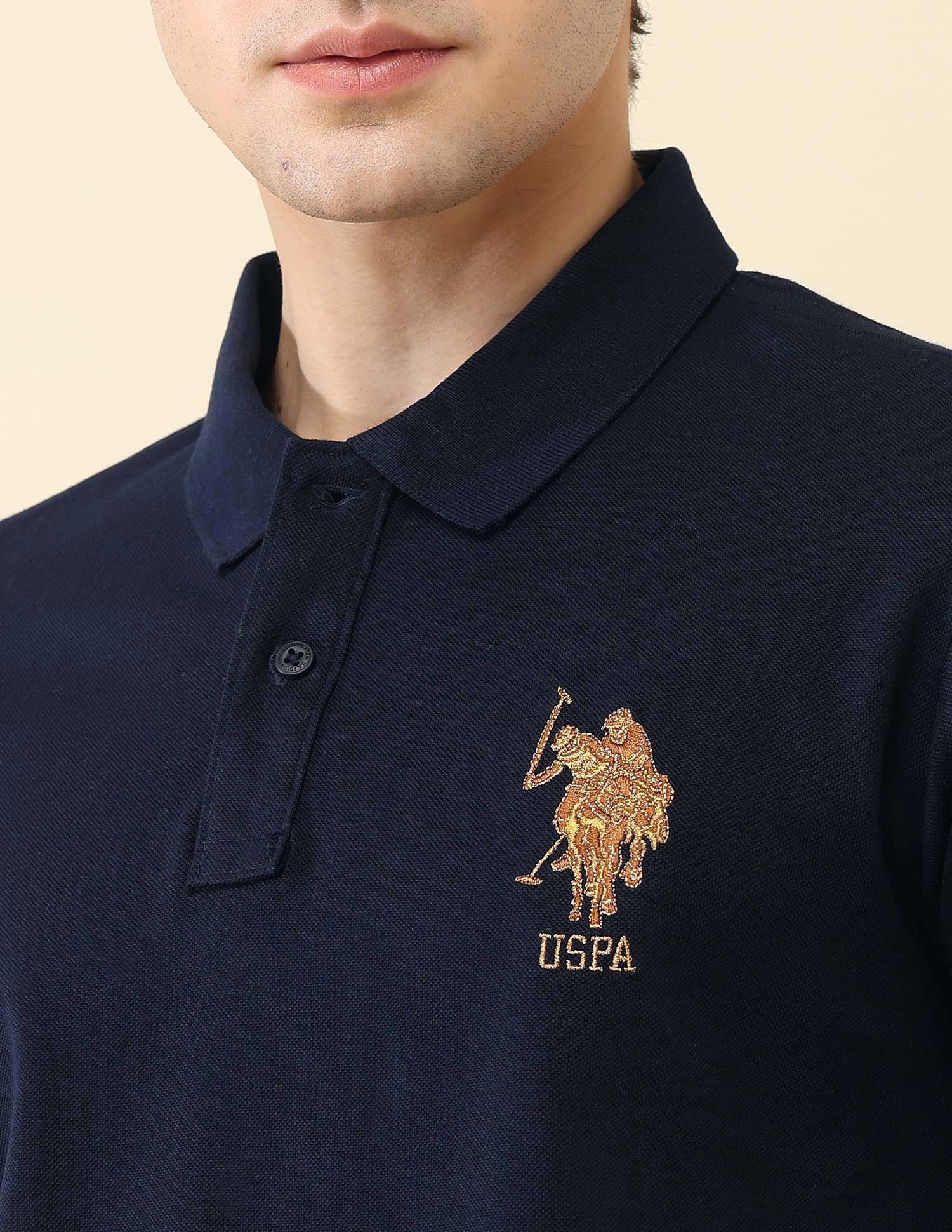 Solid Pure Cotton Gold Cup Polo Shirt Navy - U.S. Polo Assn. India | Large