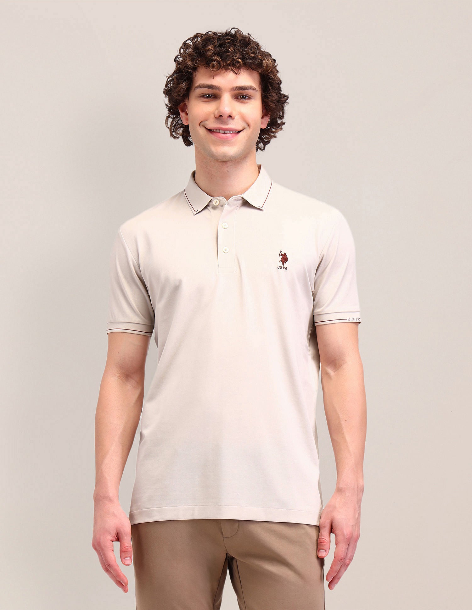 Solid Slim Fit Polo Shirt Beige - U.S. Polo Assn. India | Large