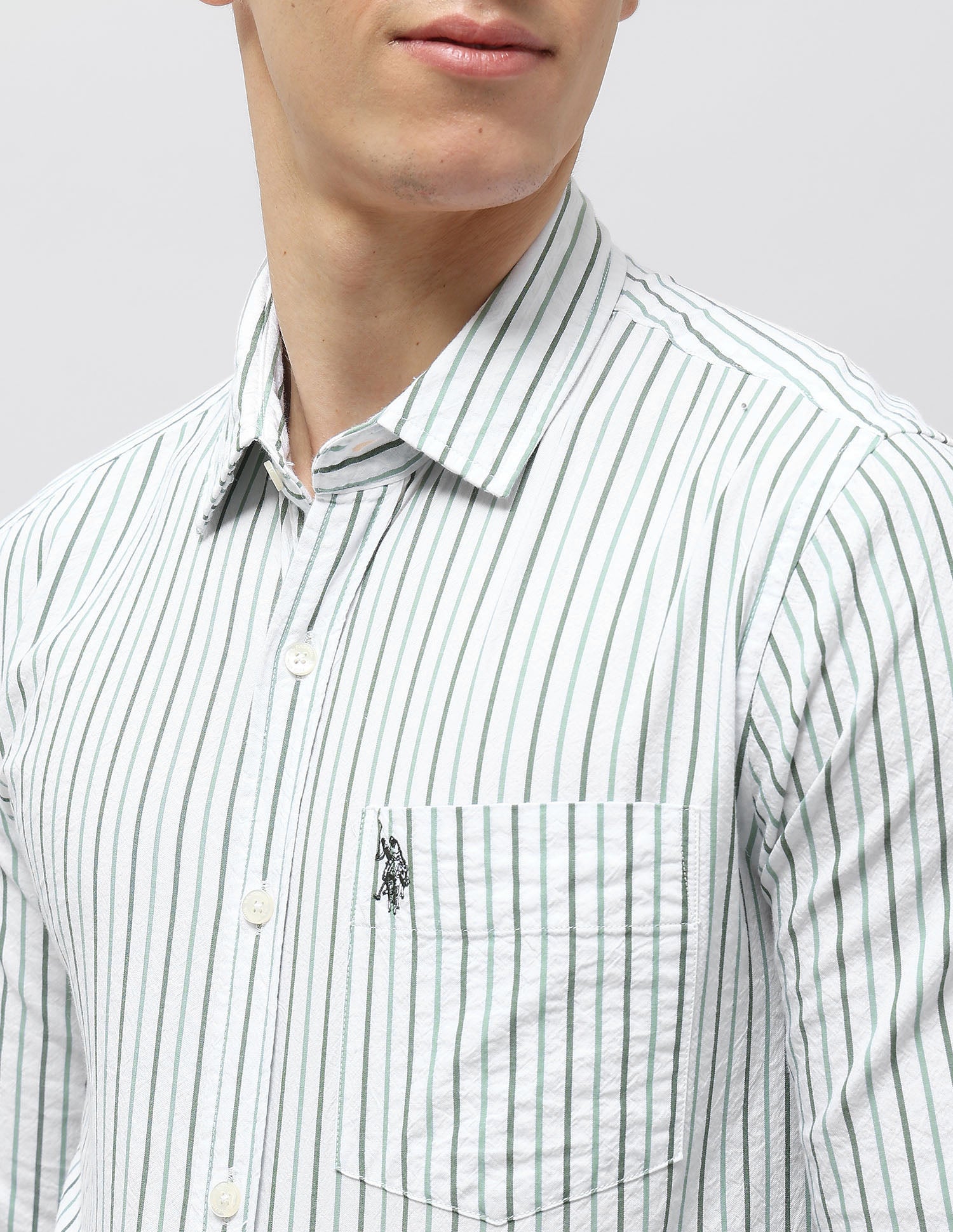 Vertical Striped Seersucker Shirt Light Green - U.S. Polo Assn. India | Large