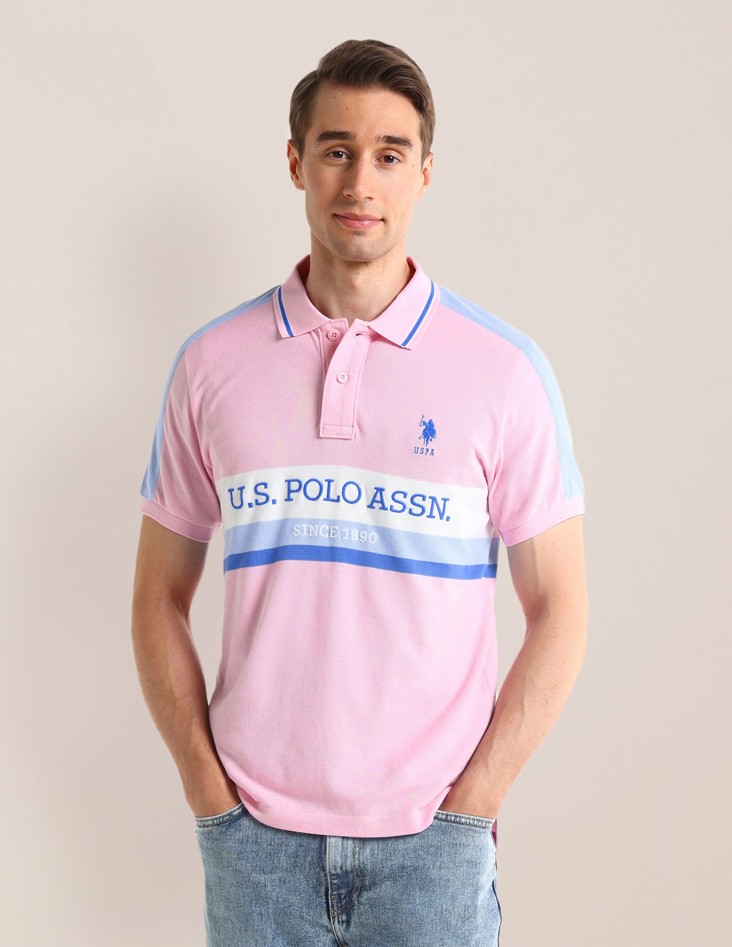 Horizontal Striped Slim Fit Polo Shirt Light-Pink - U.S. POLO ASSN. | Large