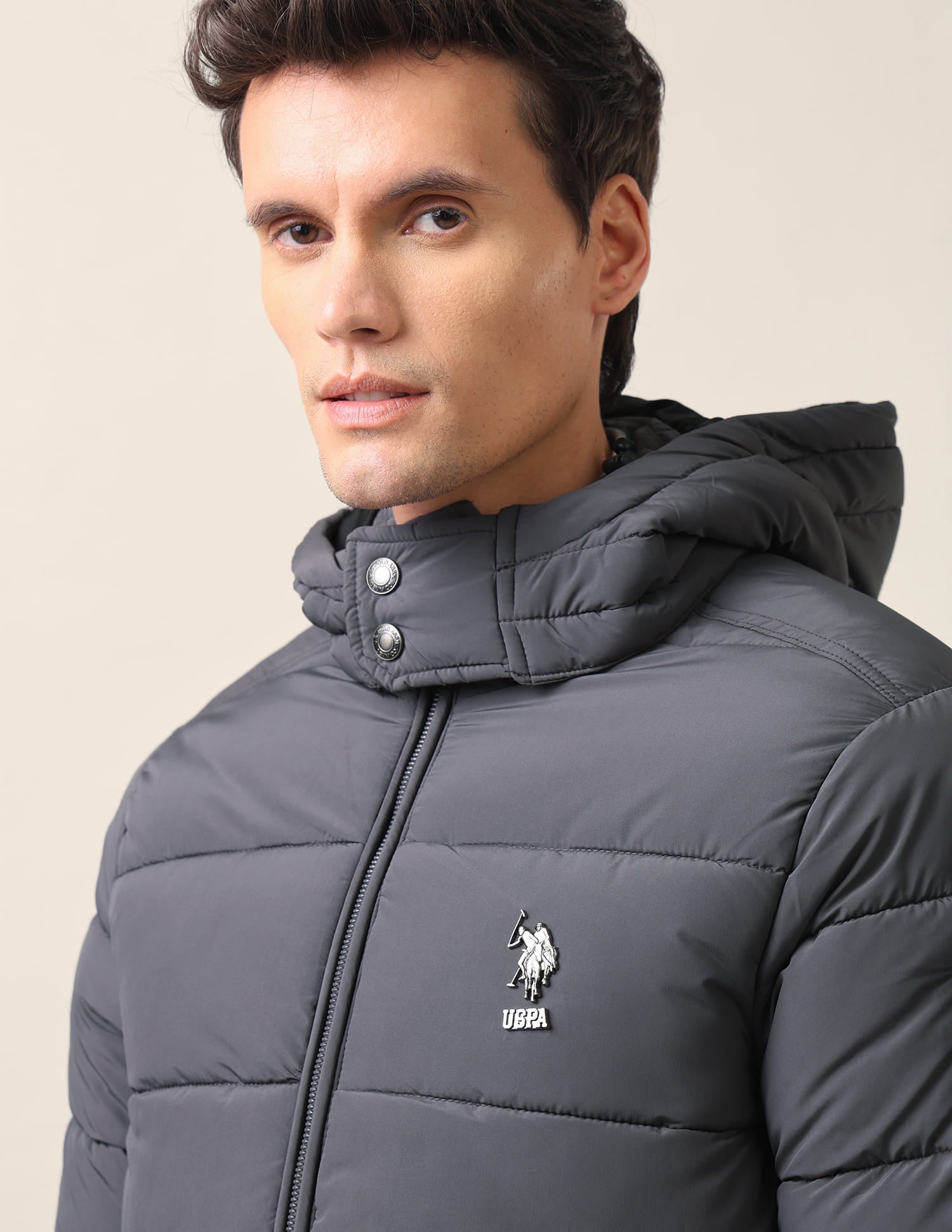Regular Fit Solid Padded Jacket Dark Grey - U.S. Polo Assn. India | Large