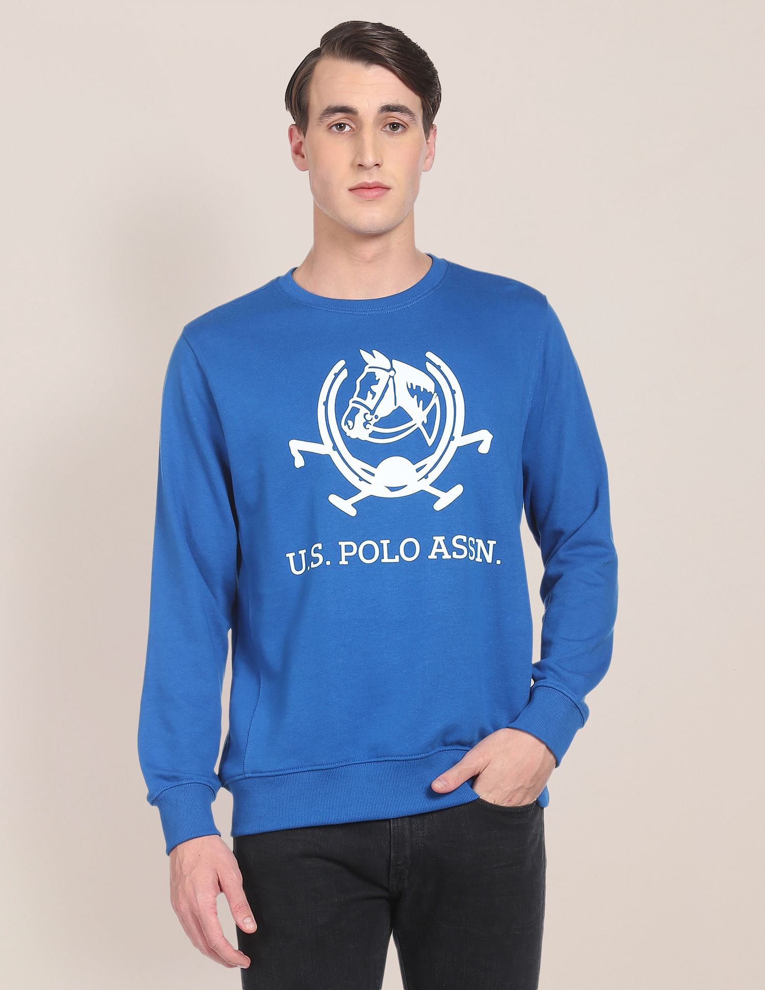 Men Blue Crew Neck Brand Print Sweatshirt Blue - U.S. POLO ASSN. | Large