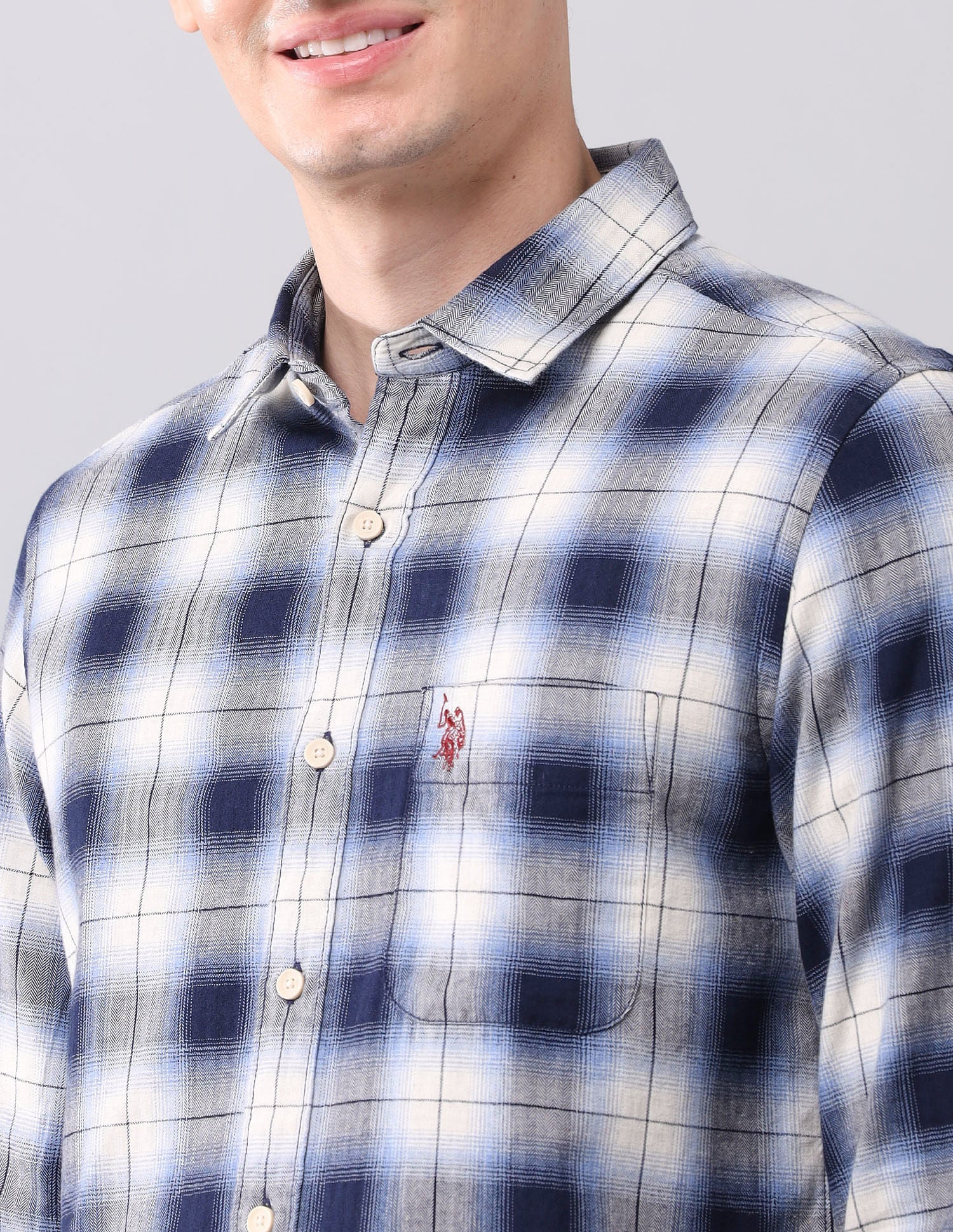 Tartan Checked Herringbone Shirt Blue - U.S. POLO ASSN. | Large