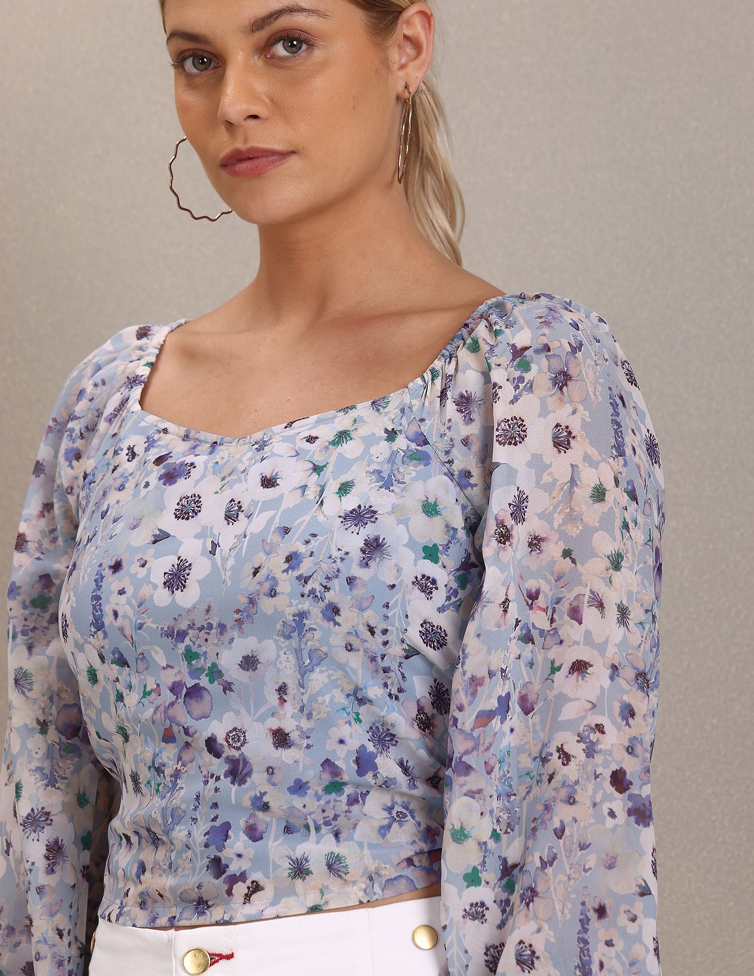 Square Neck Floral Print Woven Top Blue - U.S. Polo Assn. India | Large