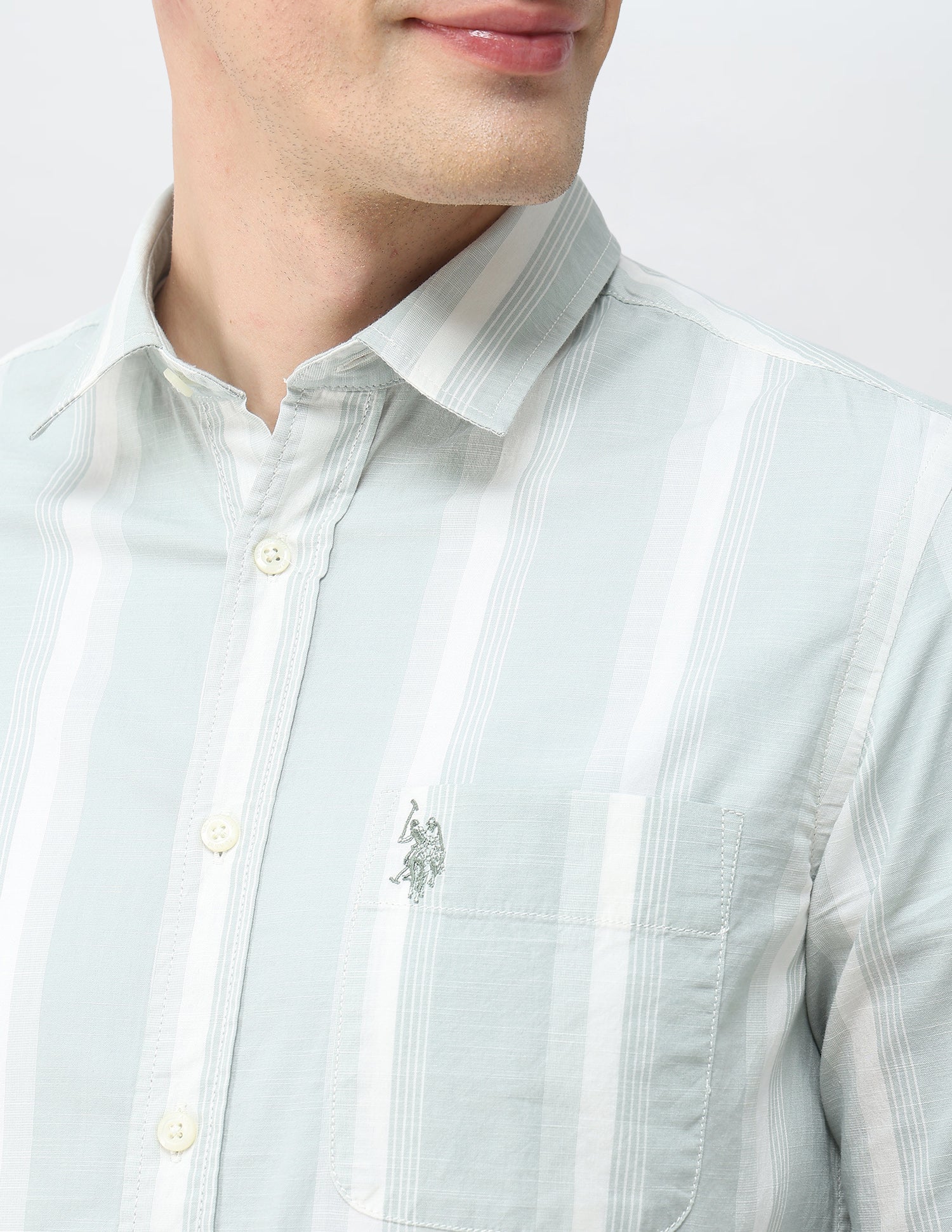 Vertical Striped Regular Fit Shirt Light Green - U.S. Polo Assn. India | Large