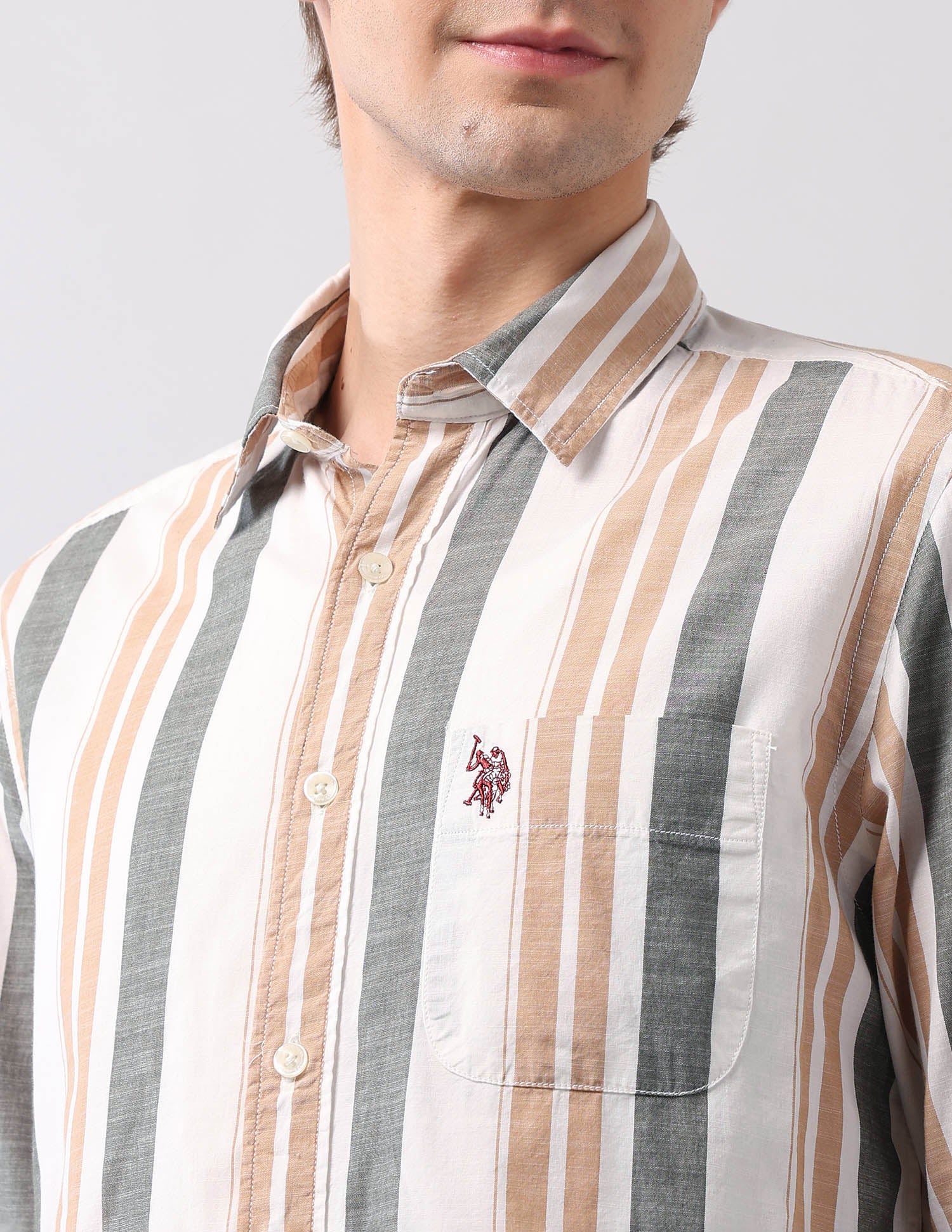 Vertical Striped Pure Cotton Shirt Ivory - U.S. Polo Assn. India | Large
