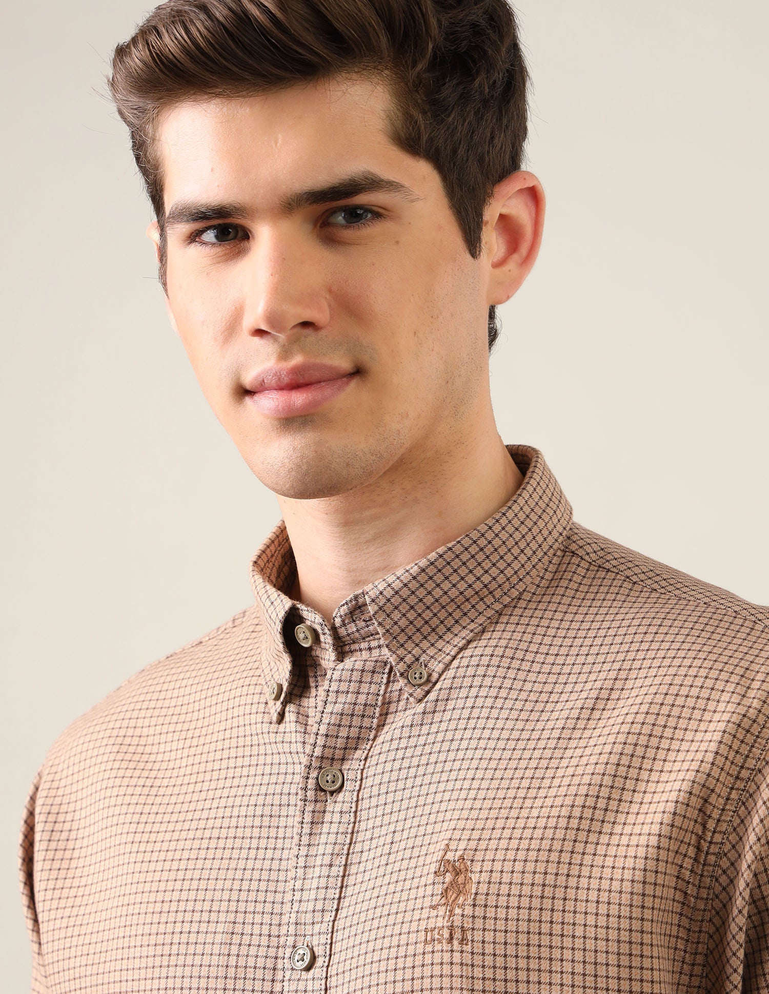 Micro Checked Regular Fit Shirt Beige - U.S. Polo Assn. India | Large