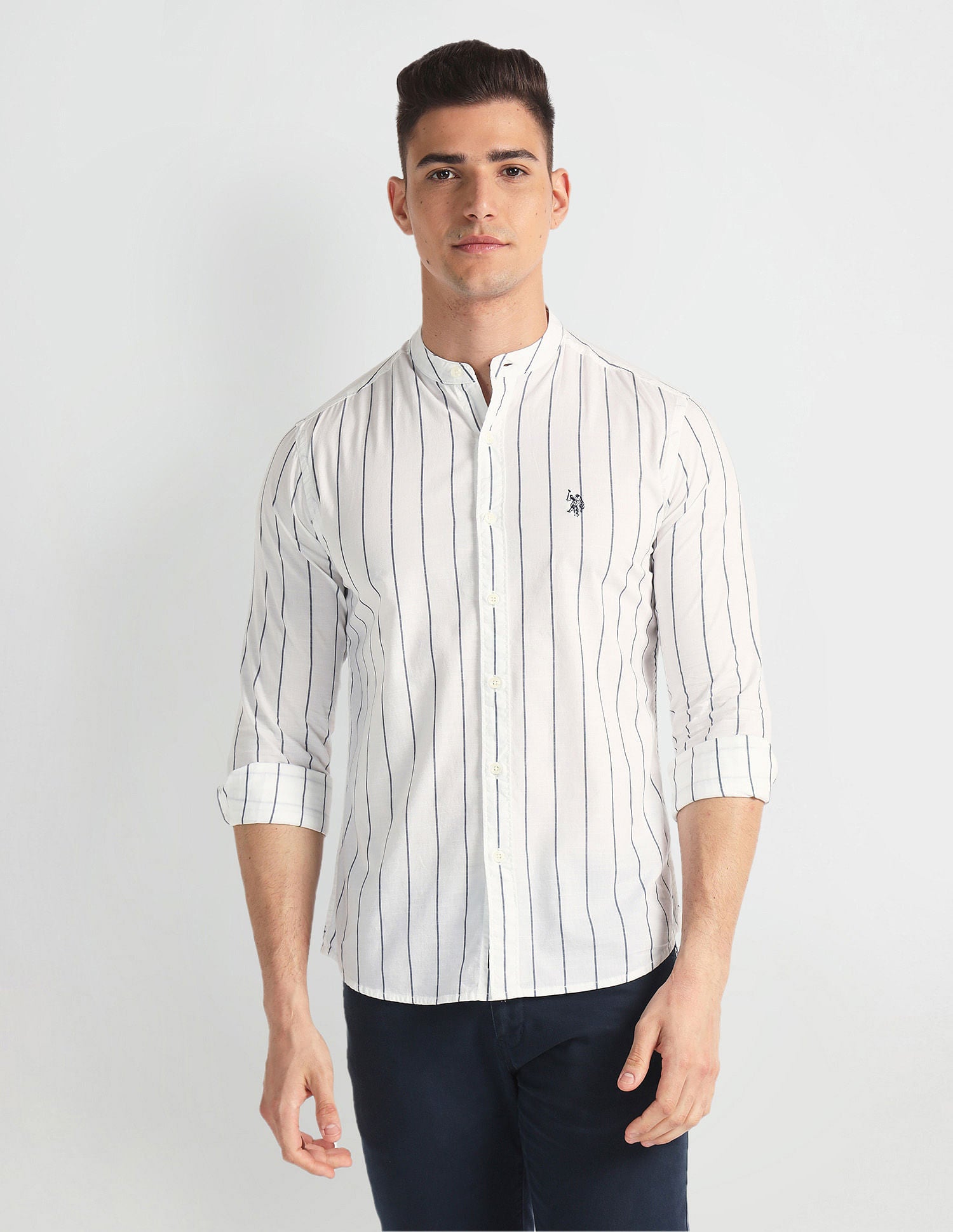 Mandarin Collar Striped Shirt White - U.S. Polo Assn. India | Large