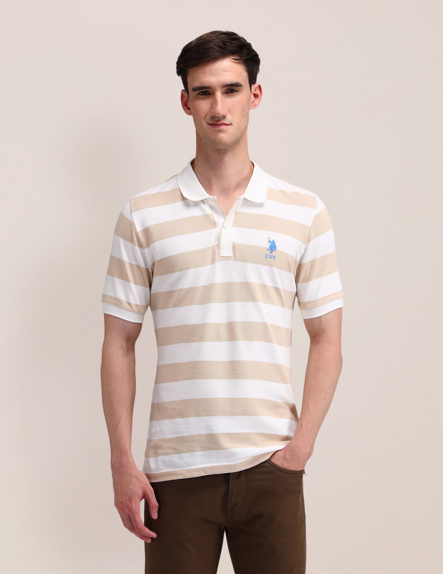 Slim Fit Horizontal Striped Polo Shirt Beige - U.S. Polo Assn. India | Large