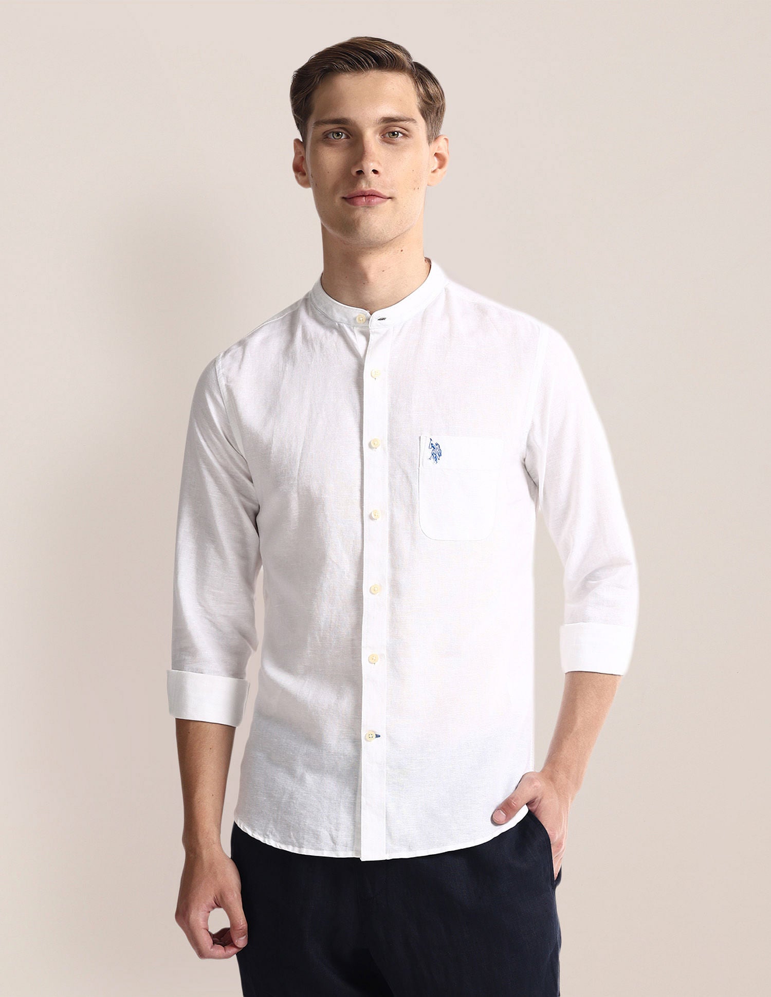 Mandarin Collar Linen Blend Shirt White - U.S. Polo Assn. India | Large