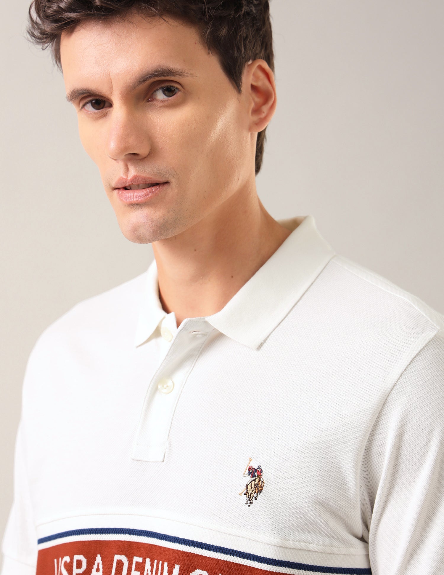 Colour Blocked With Brand Printed Slim Fit Polo Shirt Ivory - U.S. Polo Assn. India | Large