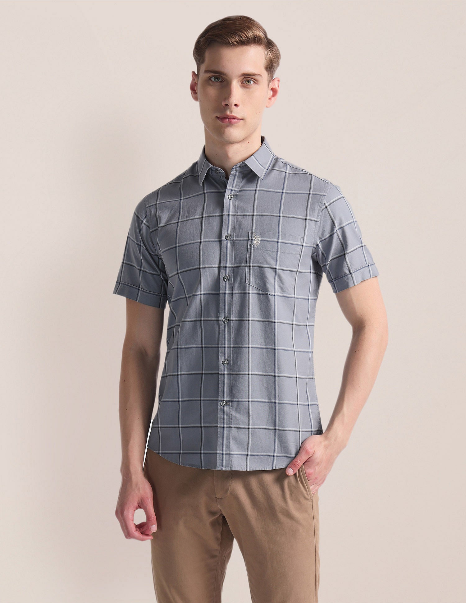 Windowpane Check Oxford Shirt Grey - U.S. Polo Assn. India | Large