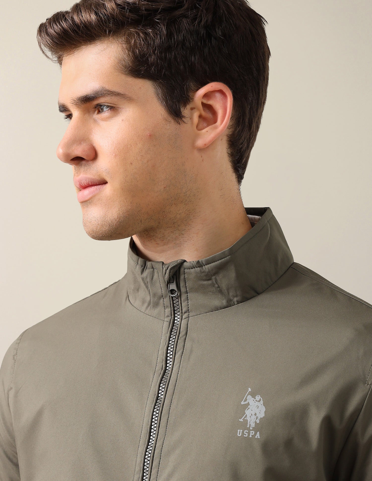 High Neck Solid Polyester Jacket Olive - U.S. Polo Assn. India | Large