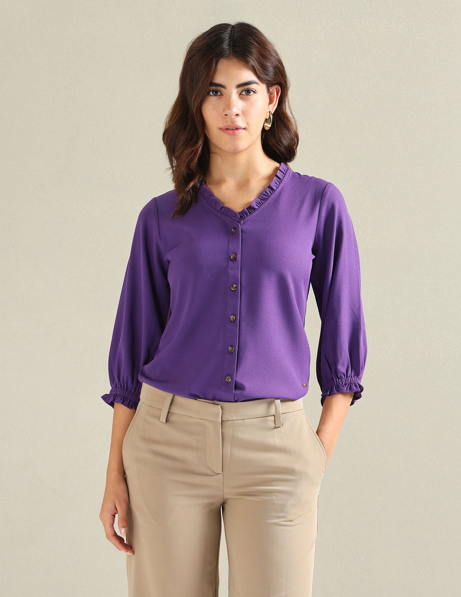 Ruffled Neck Solid Top Purple - U.S. POLO ASSN. | Large