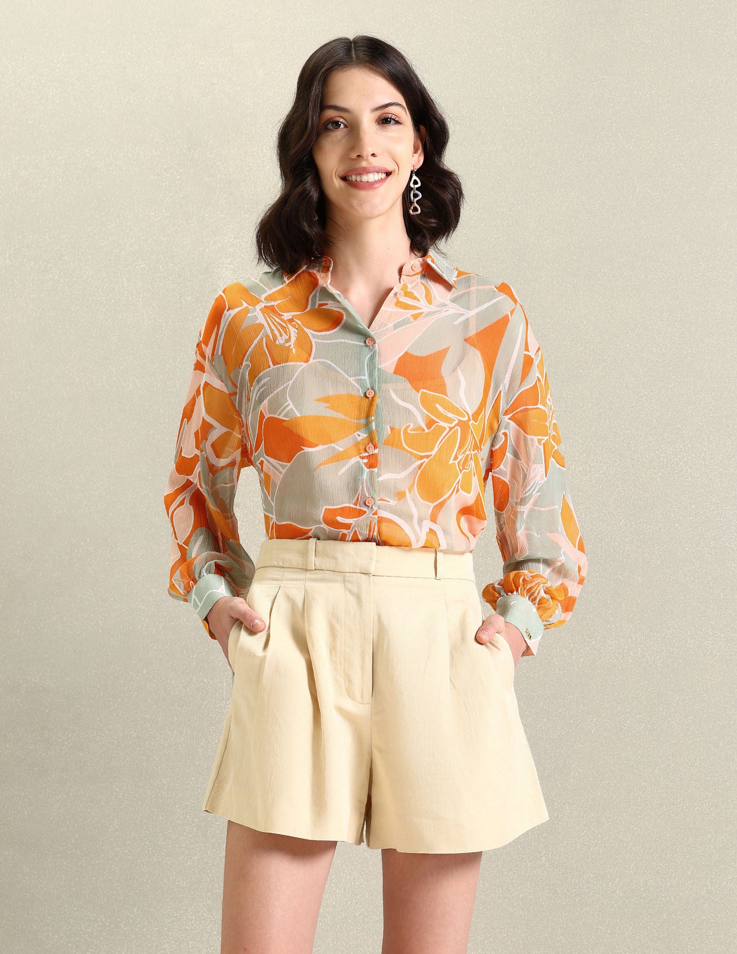 Spread Collar Floral Print Top Orange, Grey and White - U.S. POLO ASSN. | Large