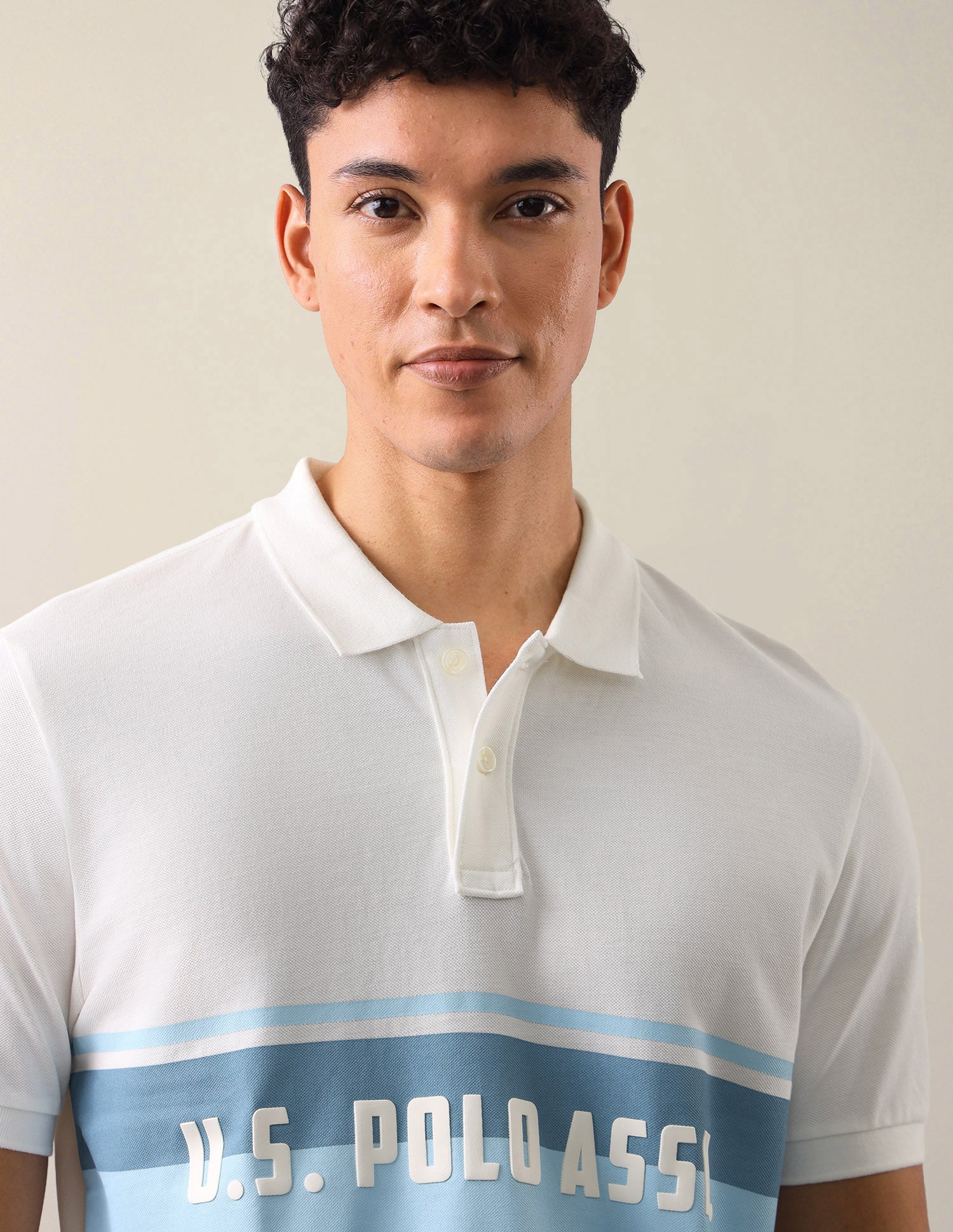 Colourblocked With Brand Printed Slim Fit Polo Shirt Ivory - U.S. Polo Assn. India | Large