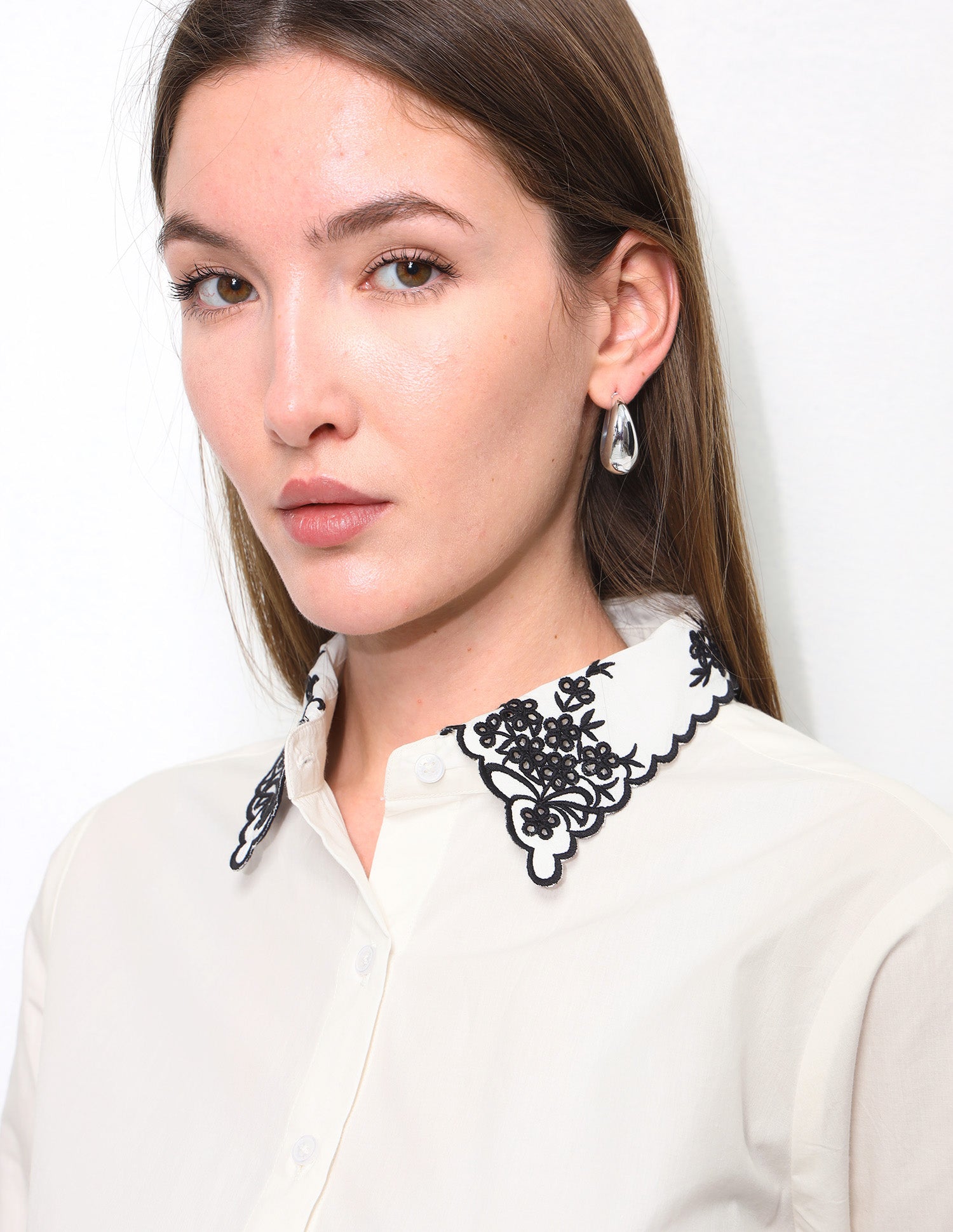 Regular Fit Embroidered Collar Shirt Off White - U.S. Polo Assn. India | Large