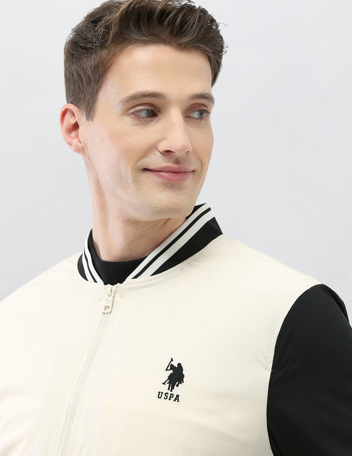 Colour Blocked Regular Fit Varsity Jacket Ivory - U.S. Polo Assn. India | Large