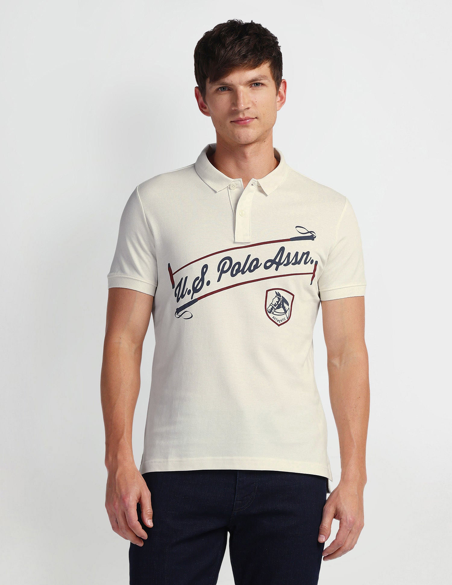 Brand Print Pique Polo Shirt Off White - U.S. POLO ASSN. | Large